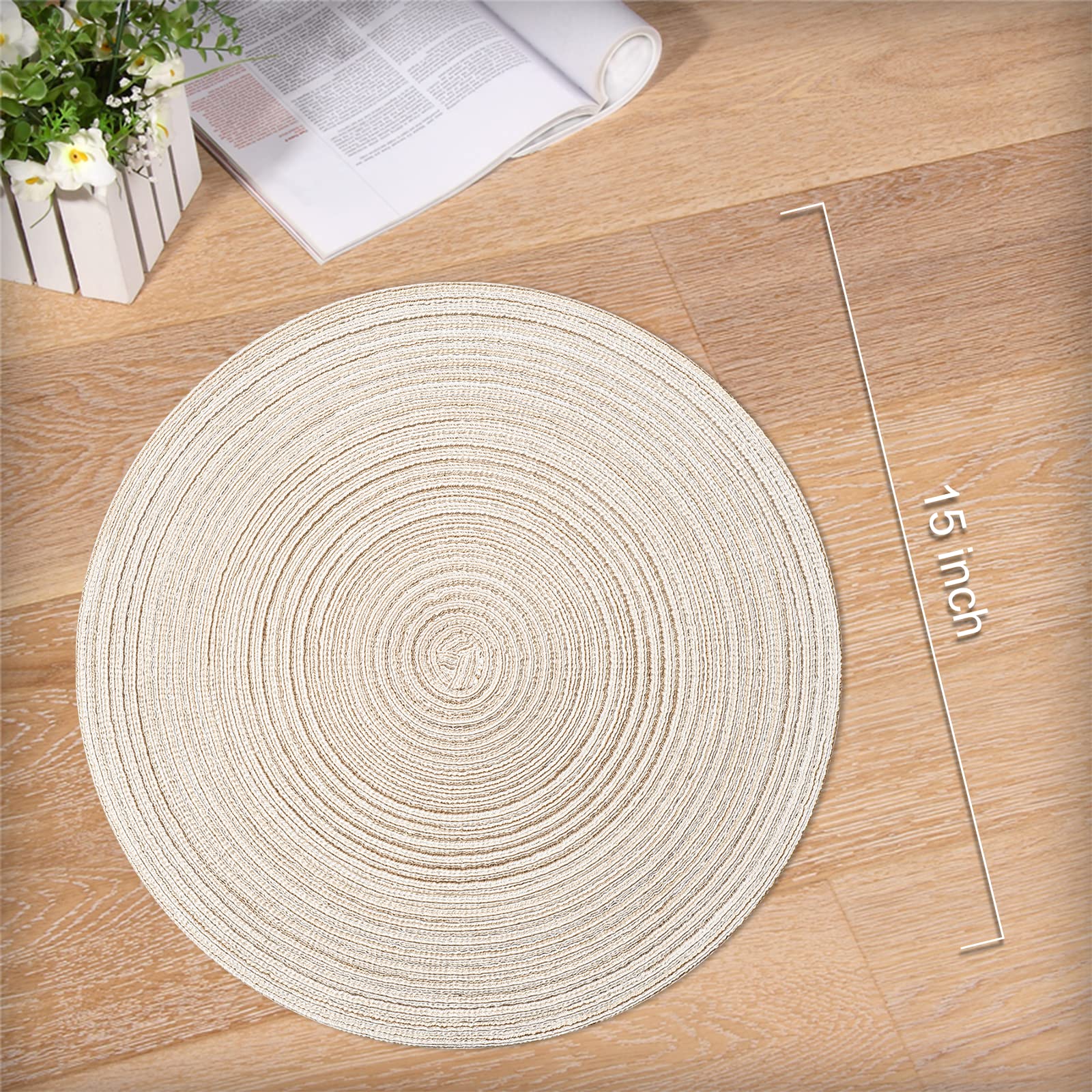 Natural Woven Round Braided Placemats Set of 6 - 15 Inch Heat Resistant Table Mats for Dining Room Decor, Kitchen & Outdoor Picnic (Beige)