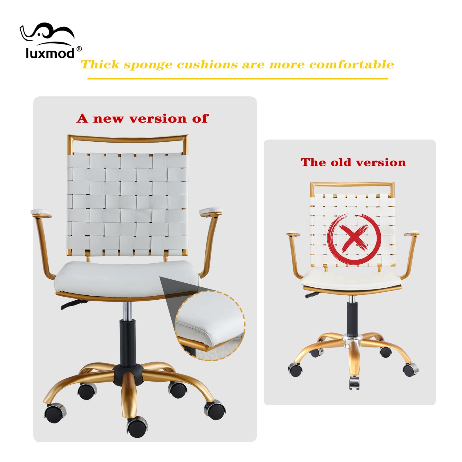 Gold Vanity Chair - Mid Back Ergonomic Swivel Office Chair with Arms, White Leather Computer Desk Chair for Lumbar Support - Perfect for Home Office, Makeup Vanity & Gaming Setup