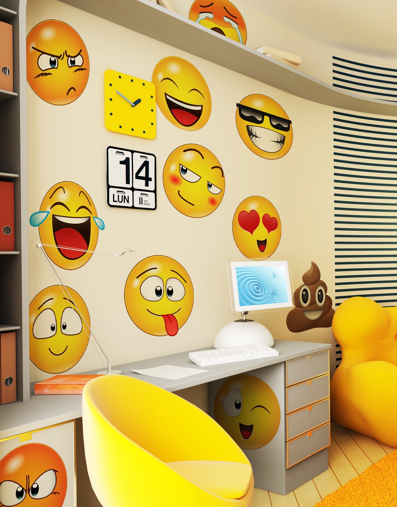 Emoticon Smiling Faces Wall Decal Stickers - 20 Inch Peel and Stick Vinyl Art for Home, Office & Nursery Decor - Fun Room Decoration for Kids Bedroom, Classroom or Party
