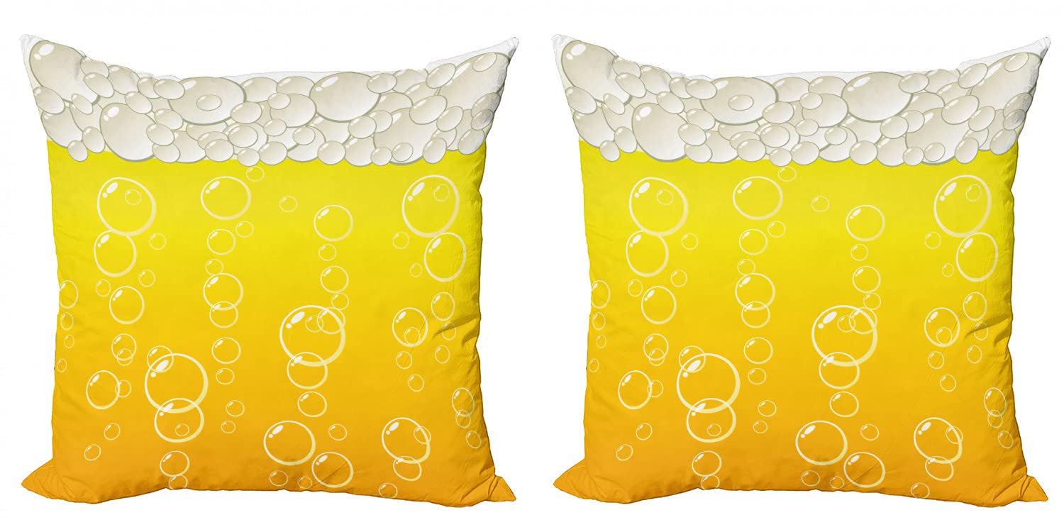 Ambesonne Abstract Throw Pillow Cover Set of 2 - Modern Bubble & Beer Alcohol Drink Design, Zippered Double-Sided Digital Print Cushion Cover 20x20 Inch, Yellow & White - Perfect for Living Room, Bar Decor & Home Accessories