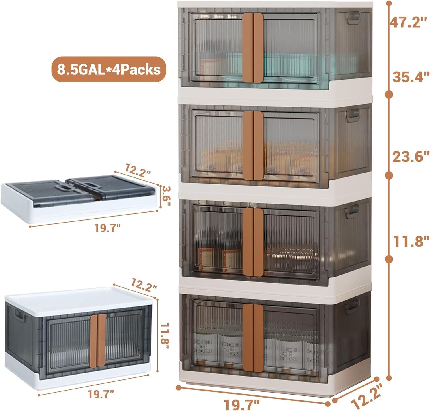 Large Plastic Storage Bins with Lids & Wheels - 4 Pack Foldable Stackable 34 Qt Organizer Boxes (Grey & White) for Office Organization, Dorm Room Essentials & File Cabinet Storage - Perfect for Home, Office & College Organization