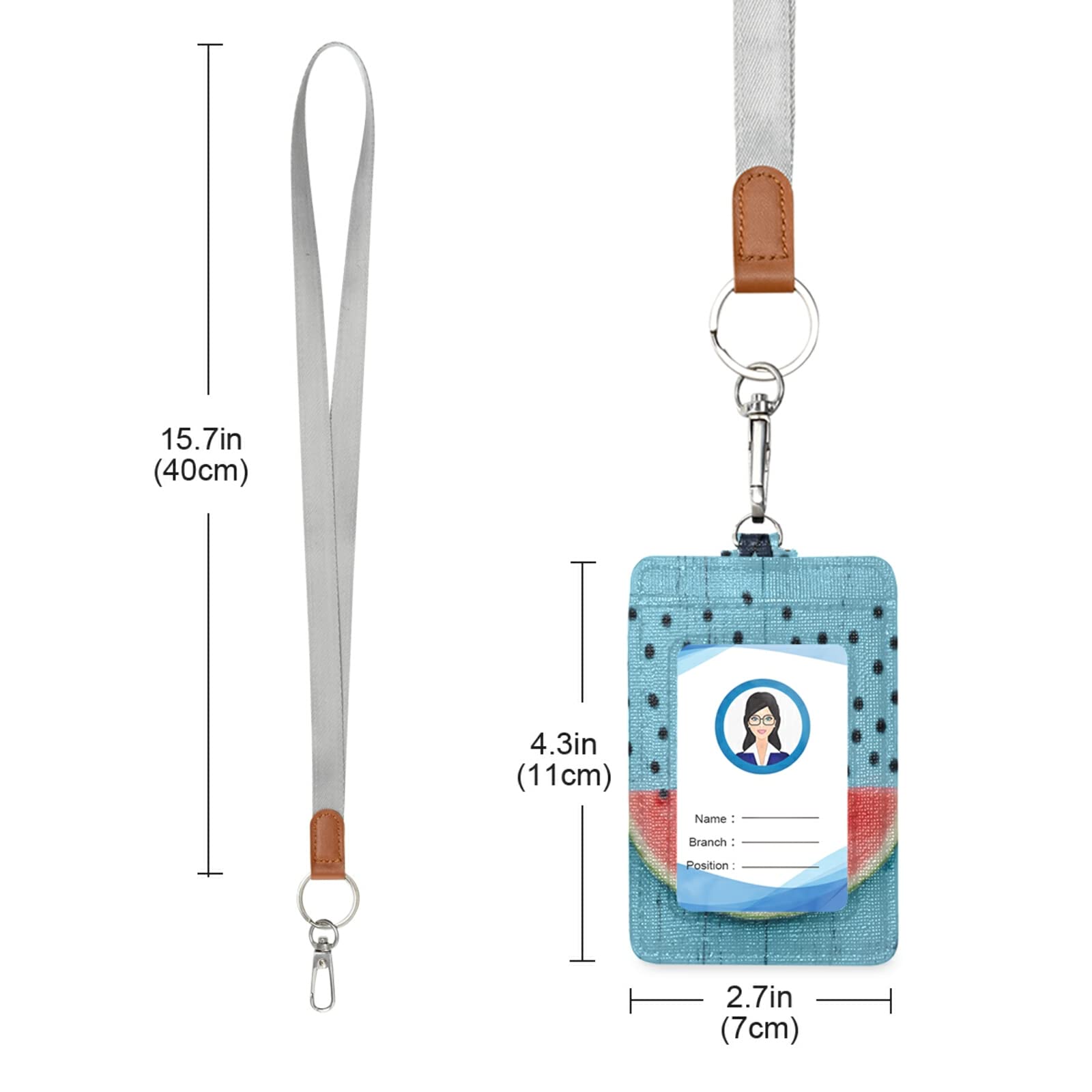 Vertical Leather ID Badge Holder with Lanyard - Watermelon Rain Design for Office & School Staff