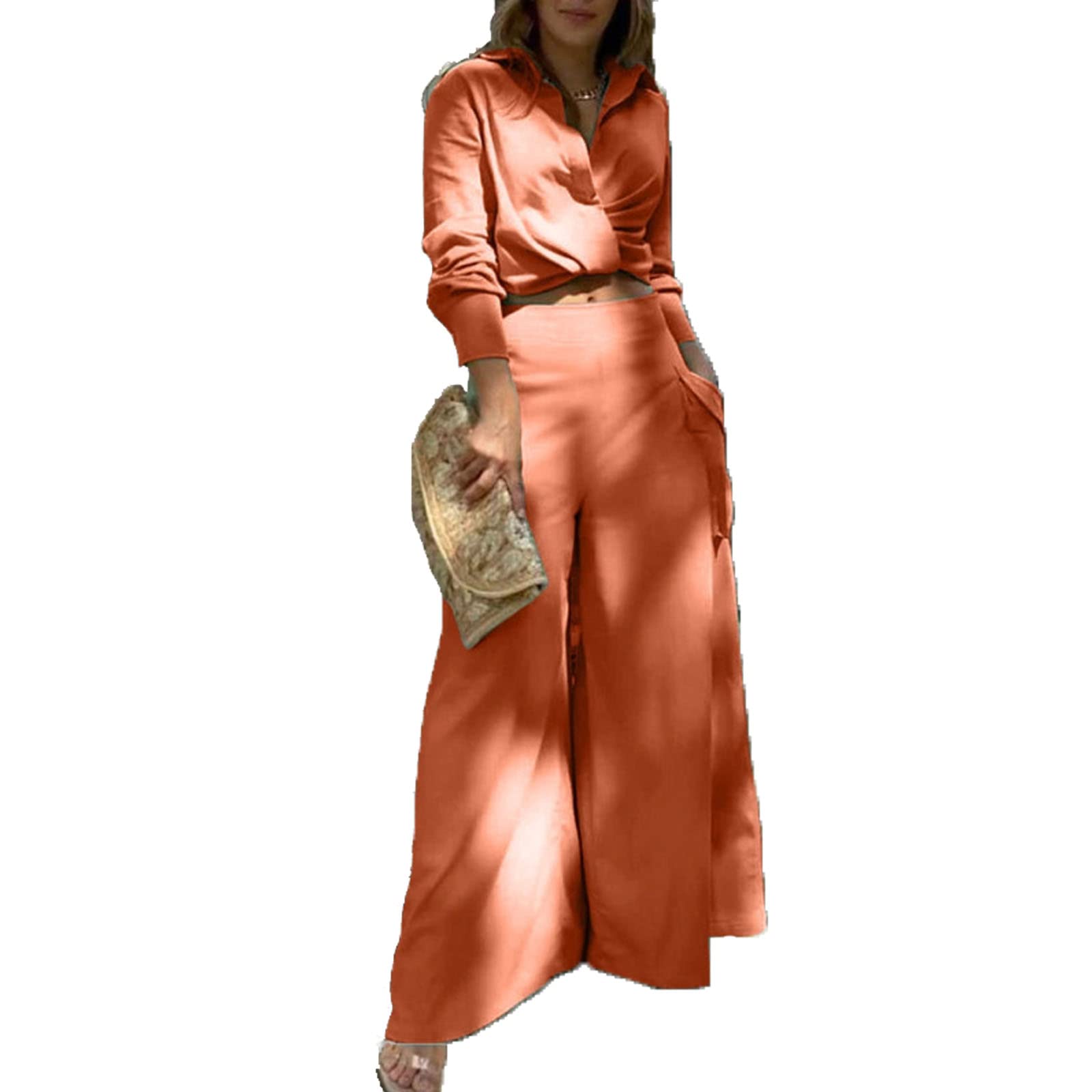 Sexy 2 Piece Outfit for Women - Cropped Long Sleeve Tops & High Waist Wide Leg Pants with Pockets | Casual Suit Set | Perfect for Date Night, Office Wear & Street Fashion