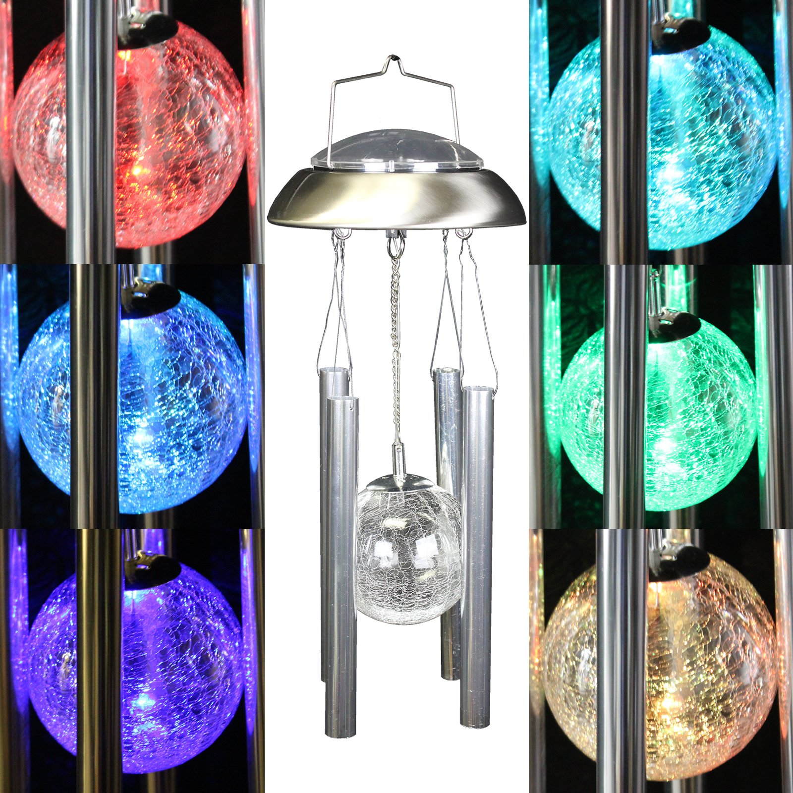 Solar Powered Crackle Glass Ball Lights - Color Changing LED Hanging Decor with Wind Chimes for Garden, Patio, Yard, Window | Outdoor Party & Home Decoration | Weatherproof Solar Light for Nighttime Ambiance