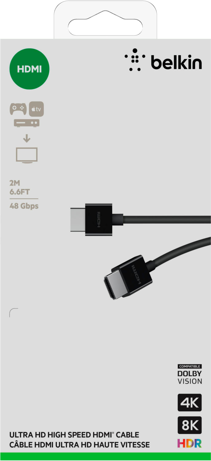 Belkin 4K Ultra High Speed HDMI Cable 2m (6.6ft) - 18Gbps, HDR, Ethernet, 3D, ARC - Standard HDMI Type A Male to Male Black - Perfect for Home Theater, Gaming & 4K TV Setup