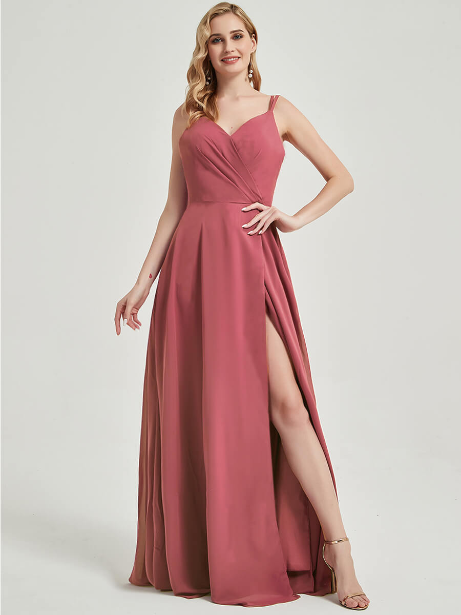 Elegant Desert Rose Spaghetti Strap Slit Maxi Lace Chiffon Bridesmaid Dress - Perfect for Weddings, Prom, Formal Events & Special Occasions