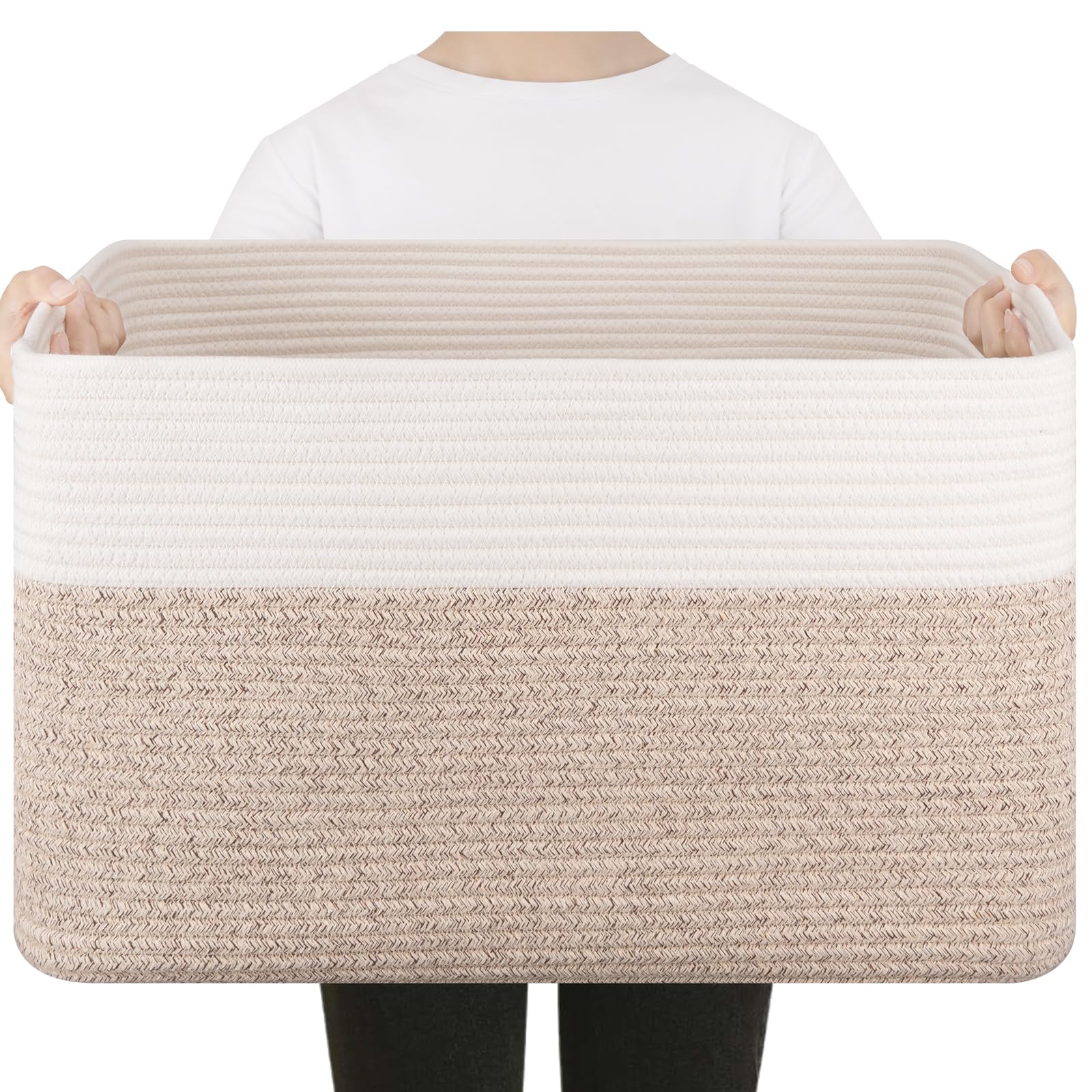 75L Large Woven Cotton Rope Storage Basket - Blanket Organizer, Toy Bin for Kids Nursery & Living Room Decor (22