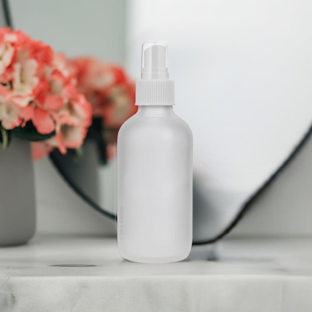 JUVITUS 4 oz Frosted Clear Glass Boston Round Bottle with White Fine Mist Sprayer (4 Pack) + Funnel - Perfect for Essential Oils, DIY Beauty Products & Travel Toiletries