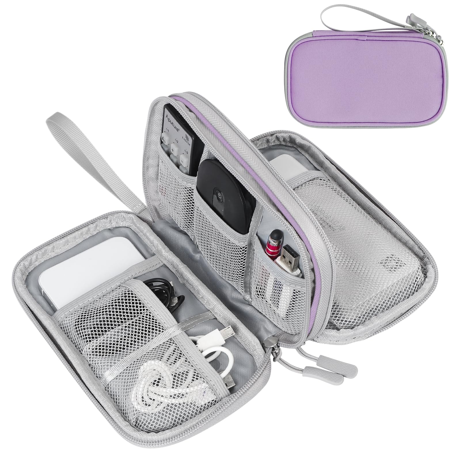 FYY Travel Cable Organizer - Waterproof Double Layer Pouch for Chargers & Cords - Light Purple | Perfect for Travel & Office