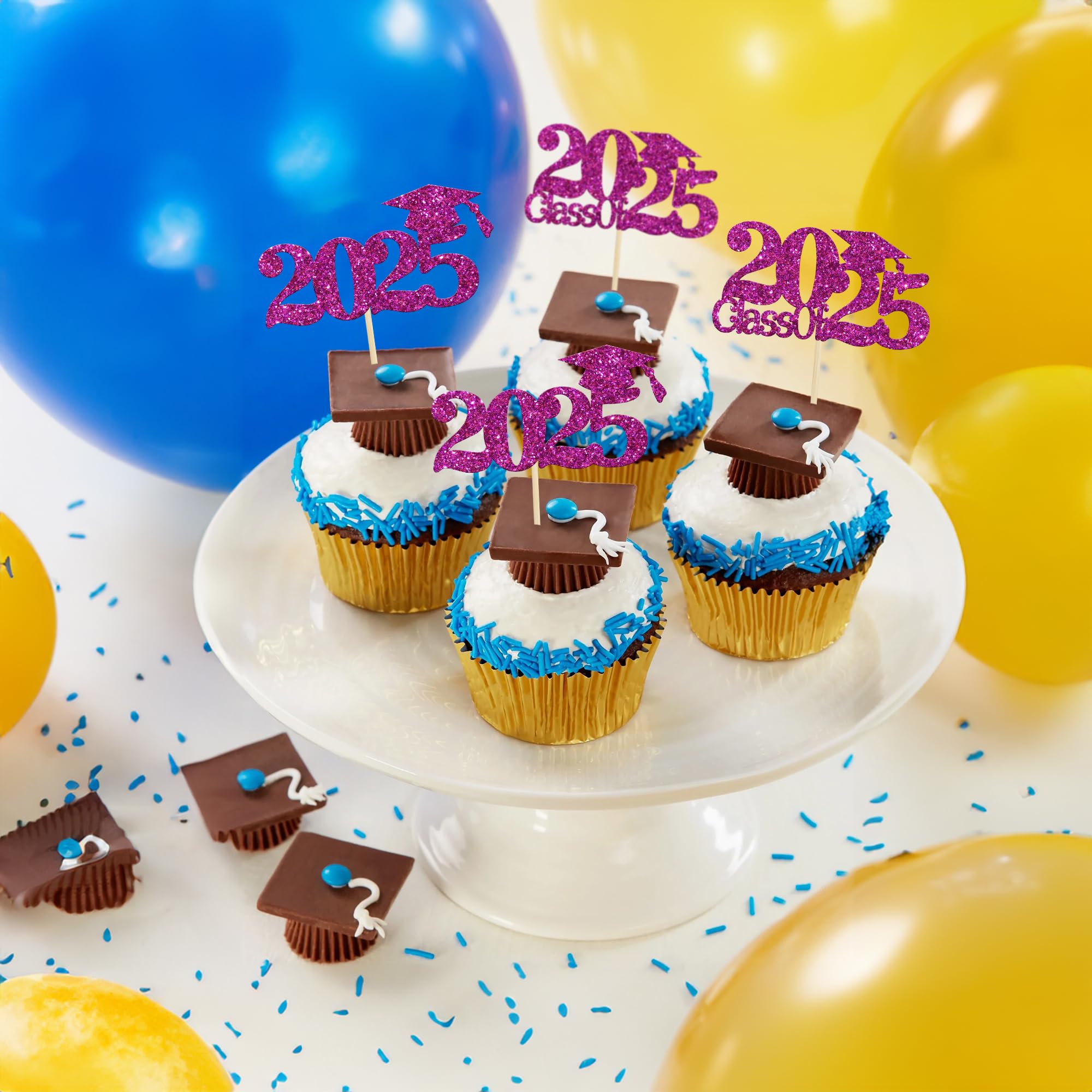 24Pcs Class of 2025 Graduation Cupcake Toppers - Purple Glitter Grad Cap Cake Decorations for 2025 Graduation Party Supplies | Perfect for High School & College Graduation Cakes, Cupcakes, and Dessert Tables