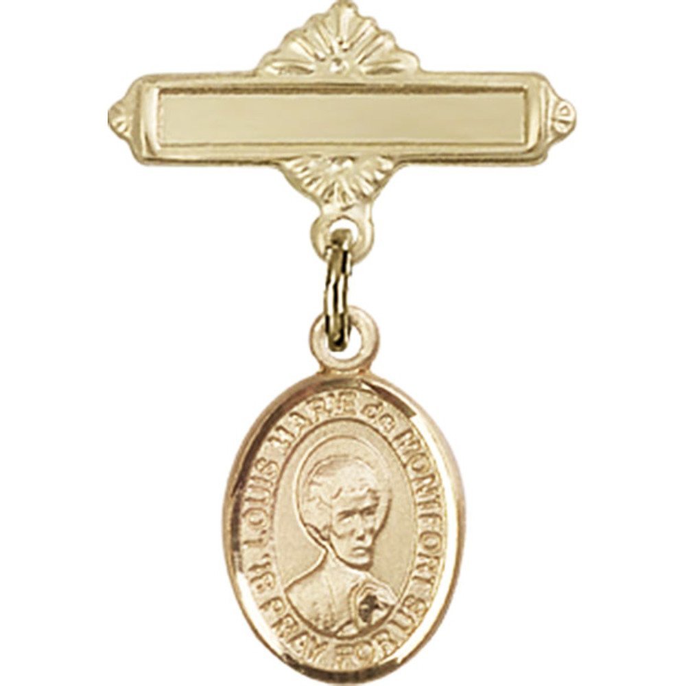 St. Louis Marie de Montfort Gold Filled Baby Badge Charm - 1 X 5/8 Inch Polished Religious Medal Pin - Perfect for Baptism Gifts, First Communion & Catholic Jewelry Collections