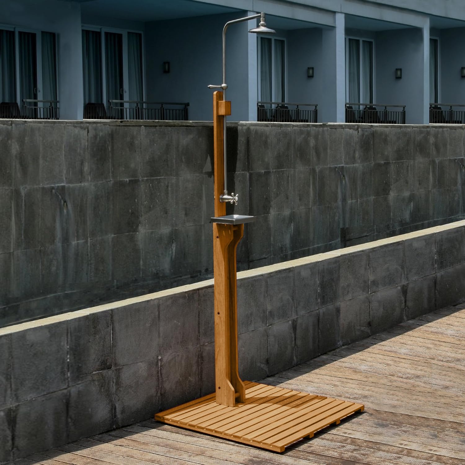 Premium Teak Wood Outdoor Pool Shower - Cambridge Casual Dussi Natural Teak Shower for Backyard, Patio & Garden - Perfect for Beach Houses, Resorts & Poolside Use
