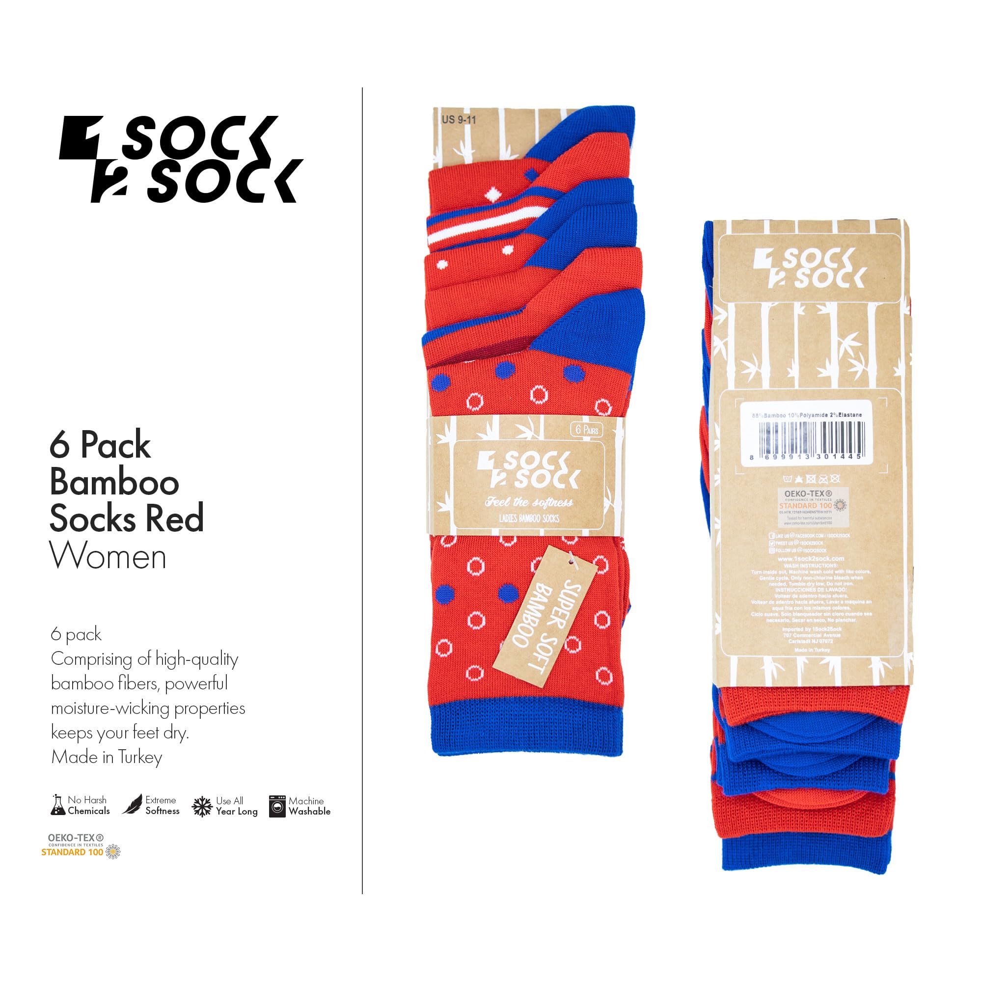 1SOCK2SOCK - Women's 6 Pack Bamboo Crew Socks - Ultra Soft, Breathable, Eco-Friendly Fashion Socks for Women US Size 6-10 - Perfect for Casual Wear, Work, Yoga & Everyday Comfort