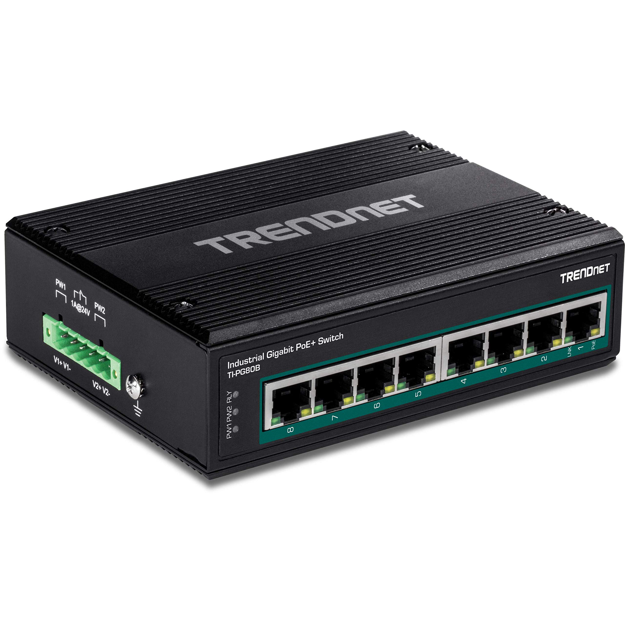 TRENDnet TI-PG80B 8-Port Industrial Gigabit PoE+ DIN-Rail Switch (24-56V) - Reliable Network Solution for Factory Automation, Security Cameras & IoT Devices