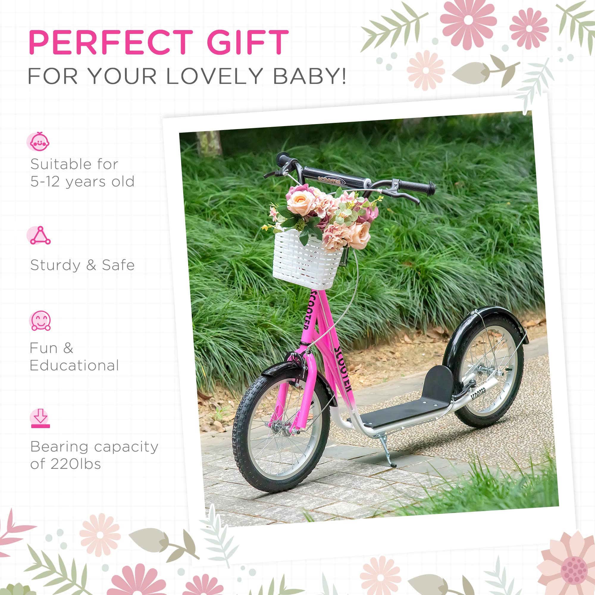 Aosom Kids Kick Scooter - Adjustable Handlebar, Dual Brake System, 16