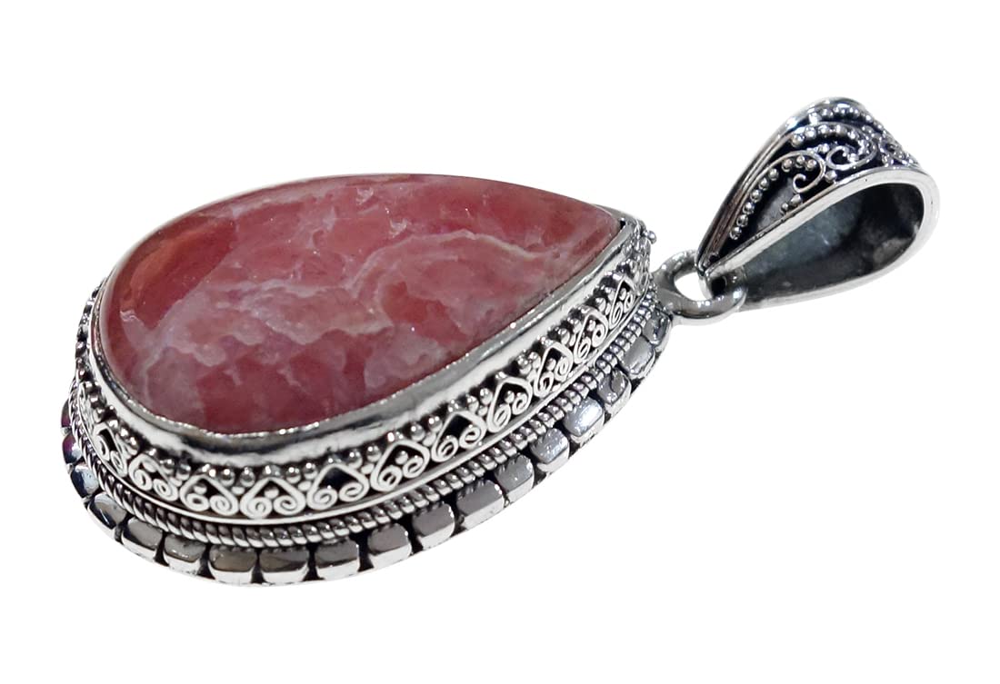 925 Sterling Silver Pendant Necklace for Women & Men - Genuine Rhodochrosite Gemstone Tribal Design Handmade Jewelry - Perfect Gift for Birthday, Anniversary & Special Occasions