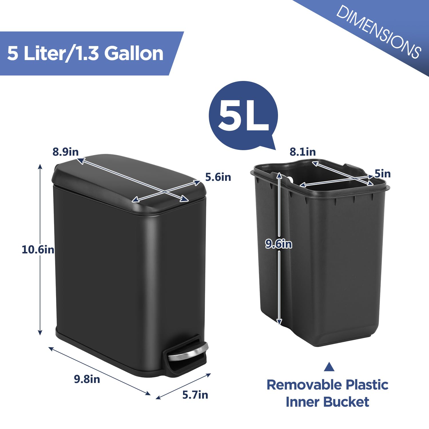 Best Small Trash Can with Lid - 1.3 Gallon (5L) Step Pedal Garbage Bin with Removable Bucket for Bathroom, Bedroom, Kitchen & Office - Space Saving Design for Tight Spaces - Ideal for Home, Office & Dorm Use (Black)