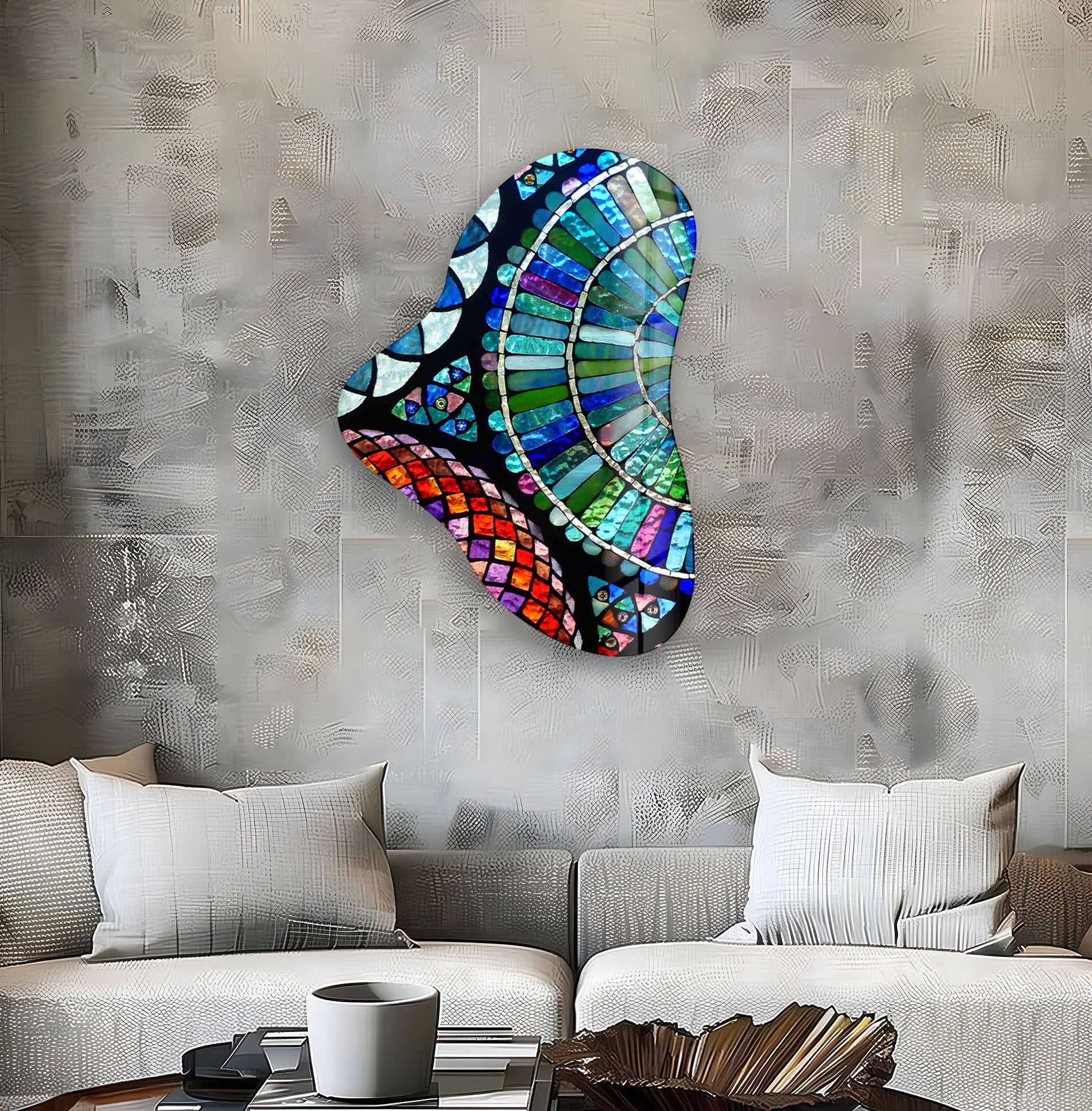 Blue Mosaic Asymmetric Glass Wall Art - Handmade Modern Abstract Decor for Living Room, Bedroom & Office - Unique Home Decor Gift Idea