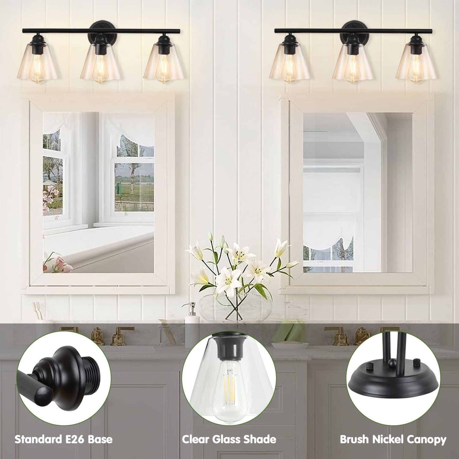 Vintage Black Metal & Glass Wall Light with 3 Bulbs - Retro Indoor Wall Sconce for Bathroom Vanity, Bedroom, Hallway & Kitchen Decor | Perfect for Dressing Table Lighting & Ambient Illumination