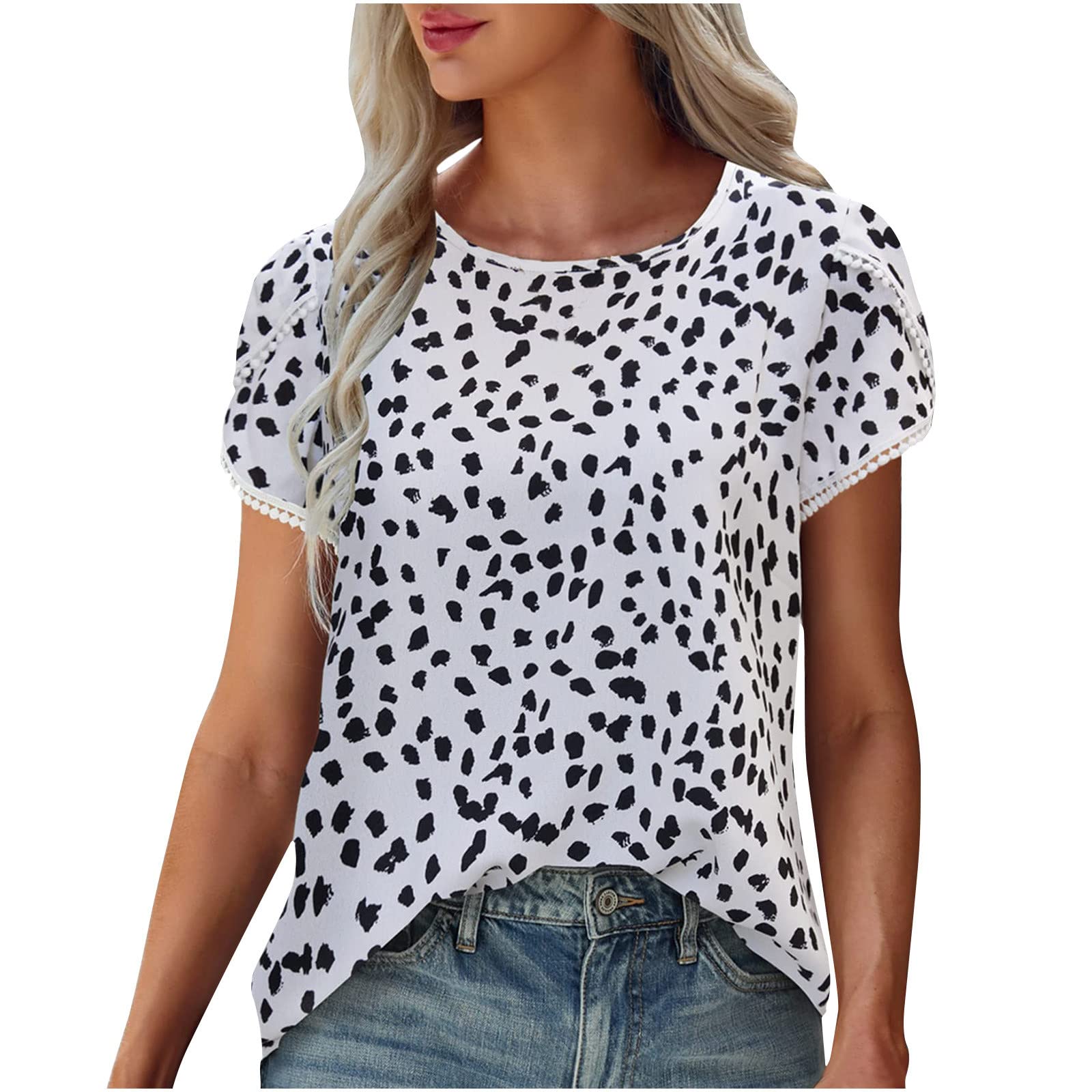 Wirziis Women's Blouses & Tops - Summer Tulip Petal Sleeve Polka Dot Ruffle Swing Tunic Loose Fit Cute Blouse for Casual Wear, Office & Date Night