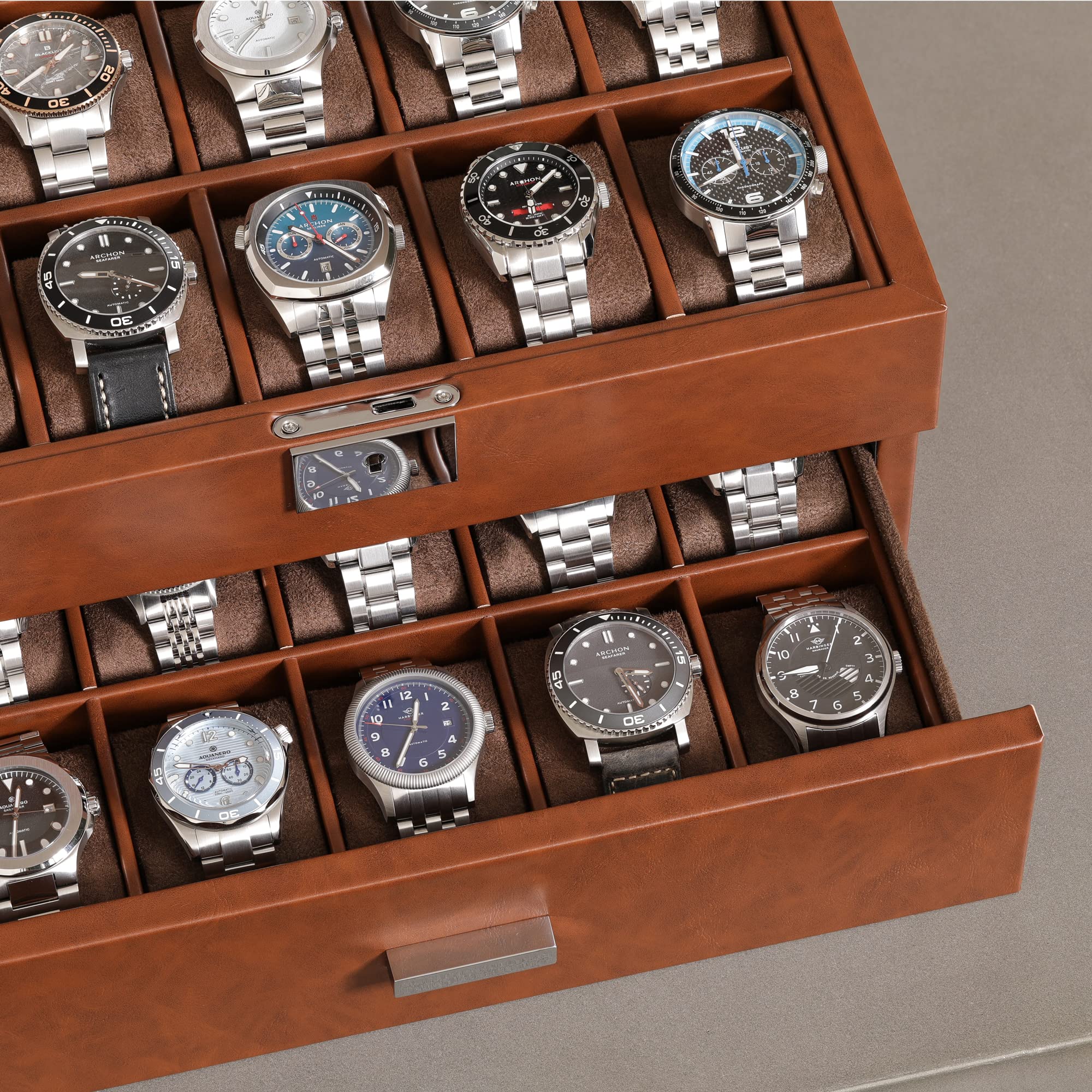 Premium ROTHWELL 20-Slot Leather Watch Box - Luxury Jewelry Organizer with Locking Glass Top Display Case - Watch Storage for Men & Women (Tan/Brown) - Perfect for Home, Office & Travel Watch Collection Display