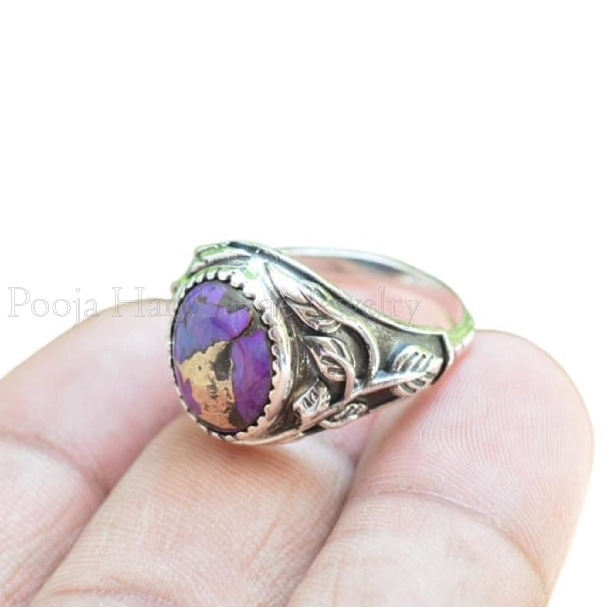 925 Sterling Silver Purple Copper Turquoise Ring for Men - Leaf Design Gemstone Ring, Unisex Wedding Gift & Everyday Jewelry - Size 6-13 (Perfect for Outdoor Adventures & Special Occasions)