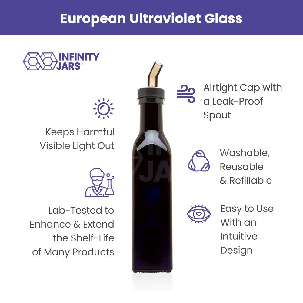 Infinity Jars Black UV-Protective Square Glass Oil Bottle 250ml (8.5oz) with Plastic Pour Spout - Airtight Olive Oil Dispenser for Kitchen, Vinegar Cruet & Cooking Oil Storage - Perfect for Pantry Organization & Gourmet Cooking