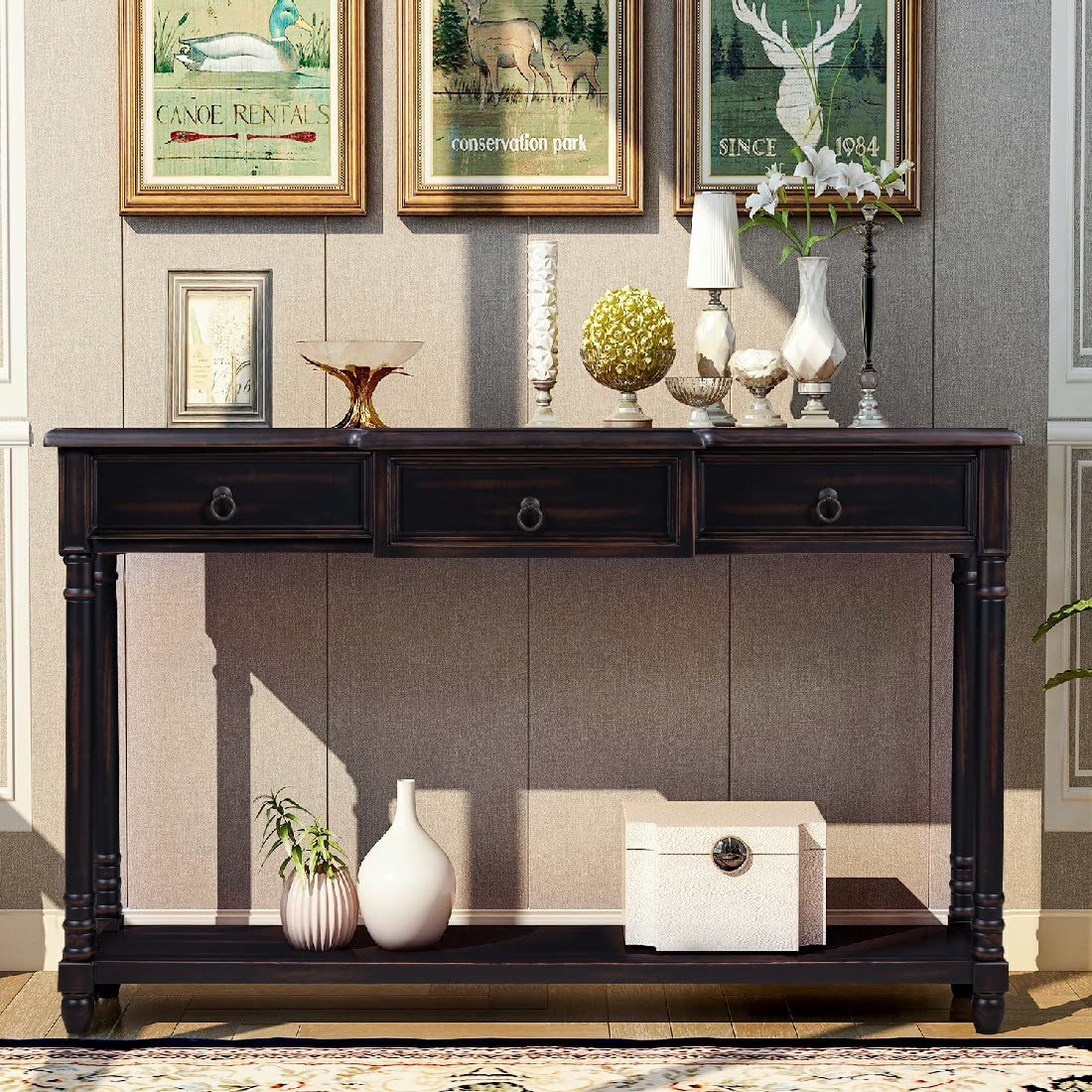 Modern Espresso Console Table with 2 Drawers & Long Shelf - 51.57