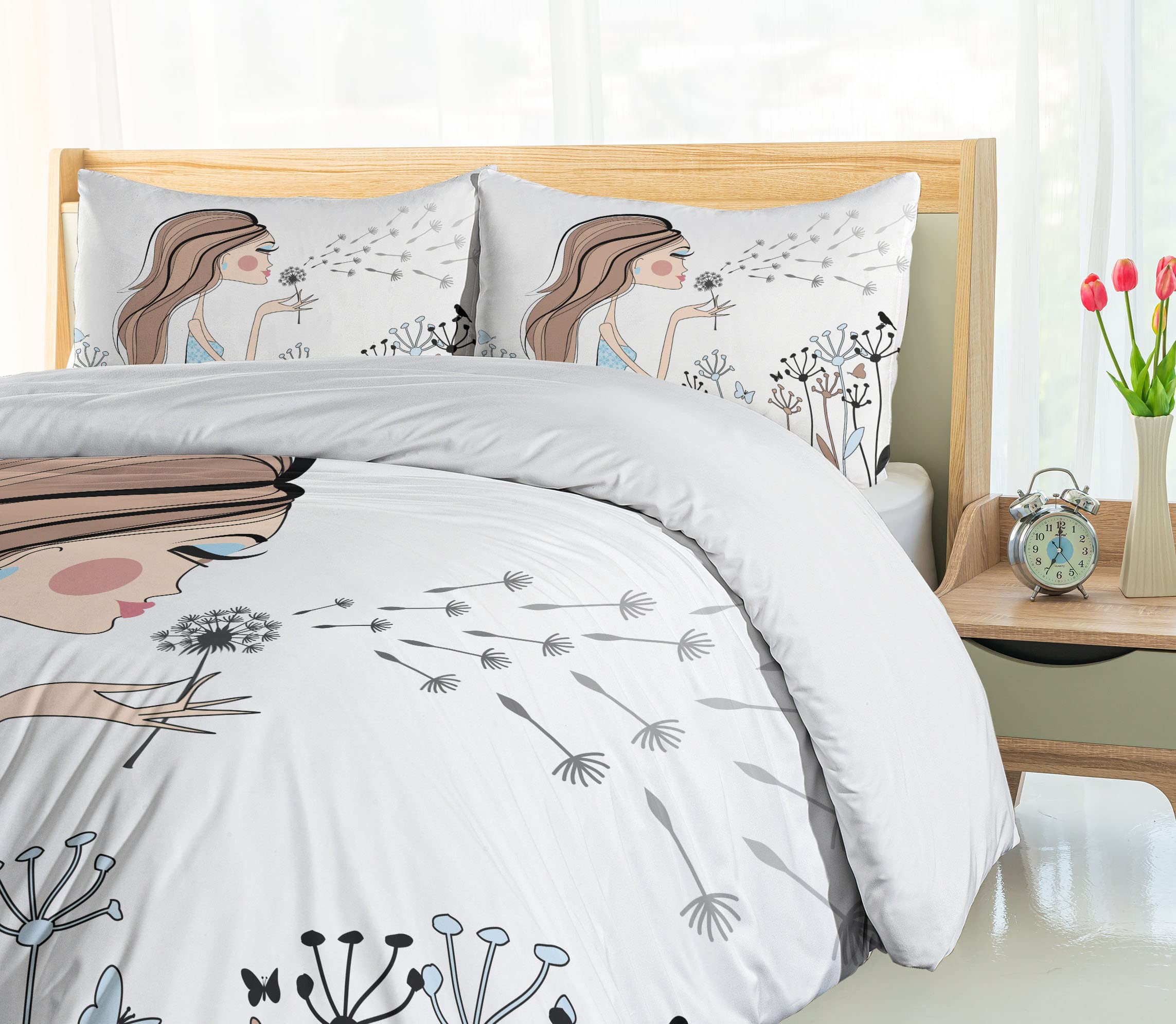 Ambesonne Retro Duvet Cover Set - Fashion Woman with Dandelion Flower Spring Wind Garden Sketchy Illustration, 3-Piece King Size Bedding Set with 2 Pillow Shams in Warm Taupe & Blue | Perfect for Bohemian Bedroom Decor, Guest Room Makeover & Cozy Home Styling