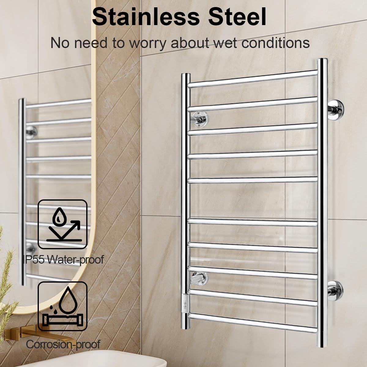 JSLOVE Stainless Steel Heated Towel Warmer - 10 Bar Wall Mounted Towel Rack with Built-in Timer, Plug-in or Hardwired Installation, Brushed Silver Finish | Perfect for Bathroom, Spa, Gym & Luxury Home Use
