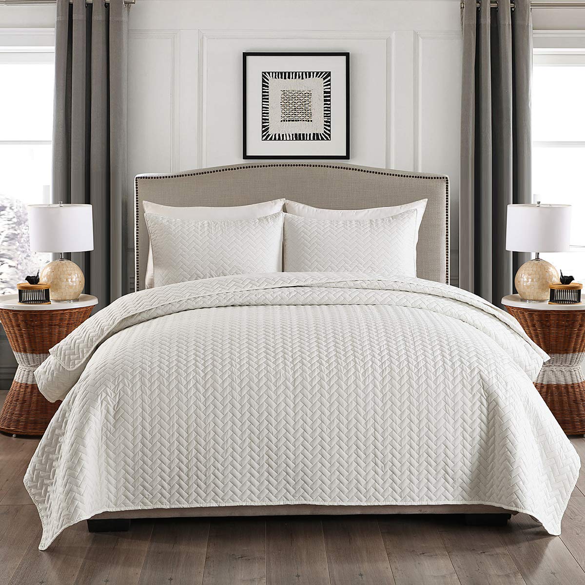Premium MERRY HOME King Size Quilt Set - 320GSM Lightweight Summer Bedding, 3-Piece Solid White Quilt Cover (92