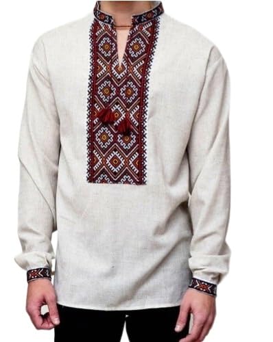 Authentic Ukrainian Vyshyvanka Embroidered Shirt for Men - Long Sleeve Gray Linen Traditional Shirt - Ukrainian Wedding Attire & Cultural Events - Perfect for Weddings, Festivals & Heritage Celebrations