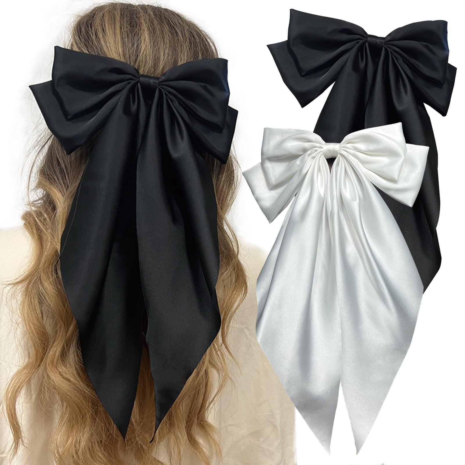 Elegant Oversized Hair Bows for Women - Large Hair Ribbon Bowknots with Metal Hair Clips | White & Black Hair Accessories | Perfect for Weddings, Parties & Everyday Style