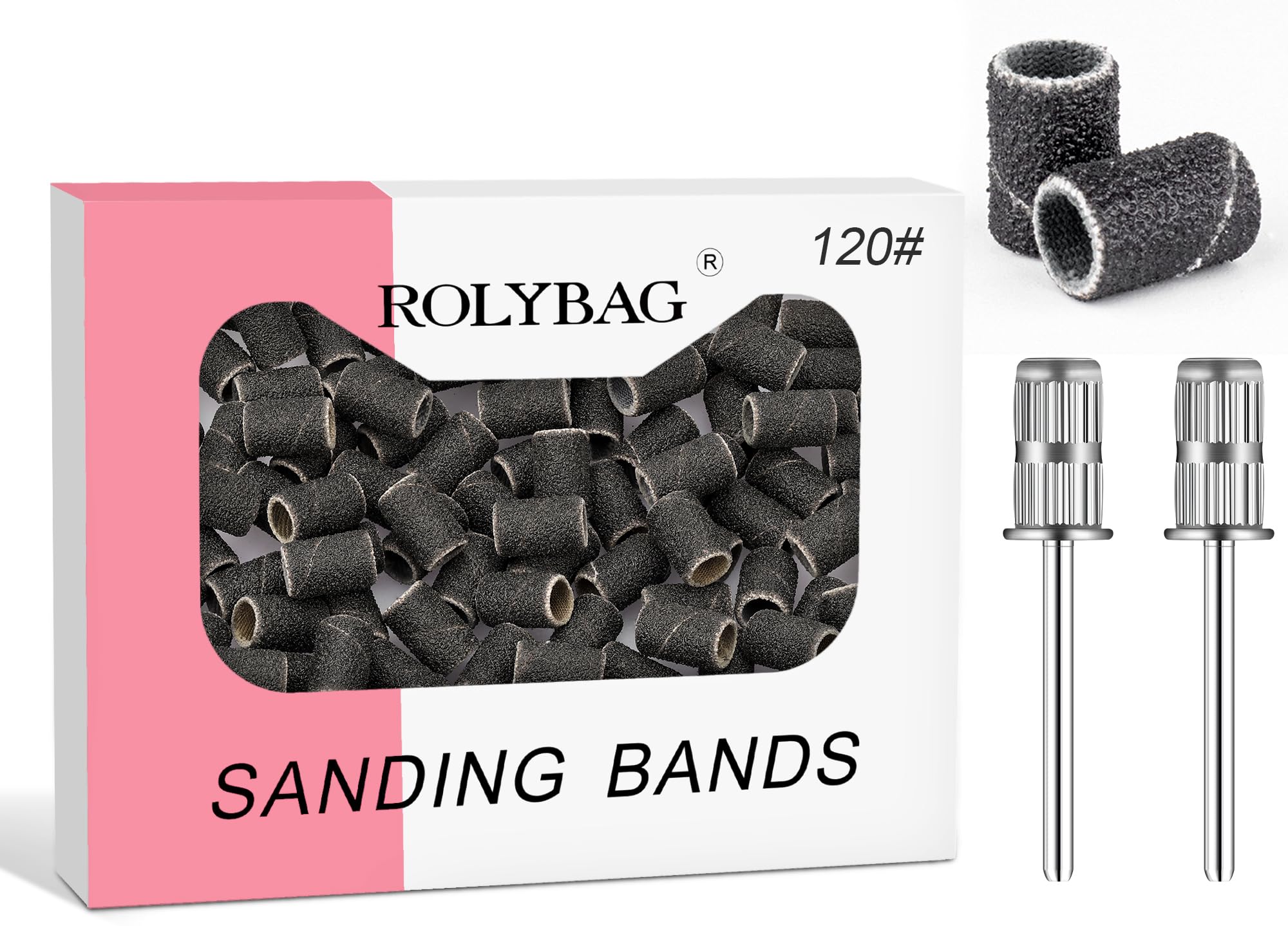 Professional 120 Grit Nail Sanding Bands for Nail Drill - 100 Medium Sanding Bands with Storage Box & 2 Mandrels (Fits 3/32