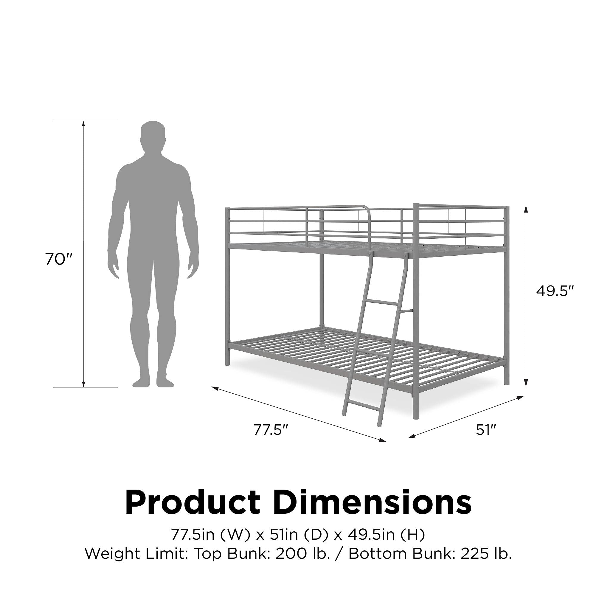 DHP Junior Twin Bunk Bed with Metal Frame & Full-Length Guardrails - Space-Saving Silver Bunk Bed for Kids & Teens - Perfect for Small Bedrooms, Dorm Rooms & Shared Kids' Rooms
