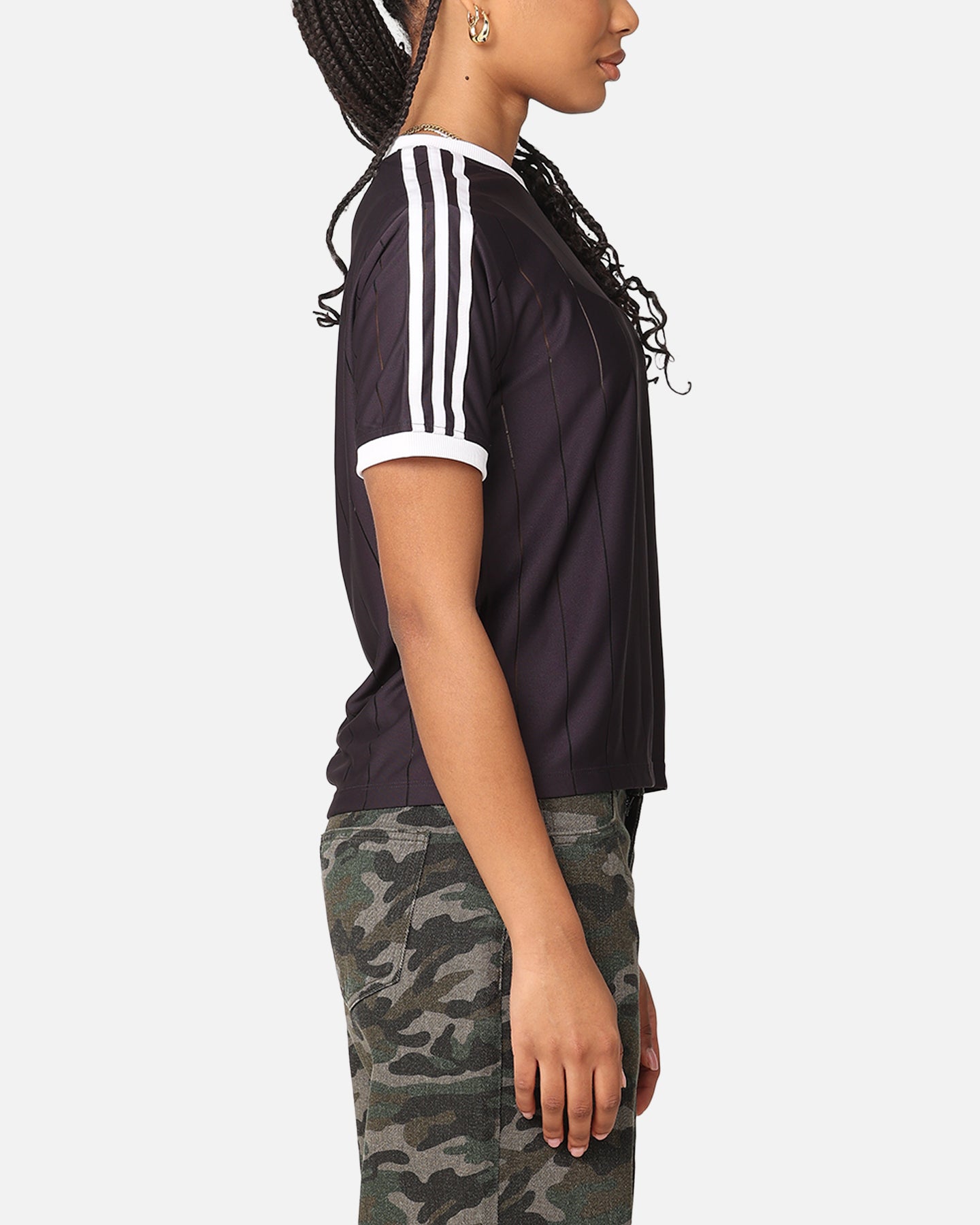 Adidas Women's 3 Stripes Pinstripe T-Shirt - Aurora Black | Casual Athletic Tee for Running, Gym & Everyday Wear