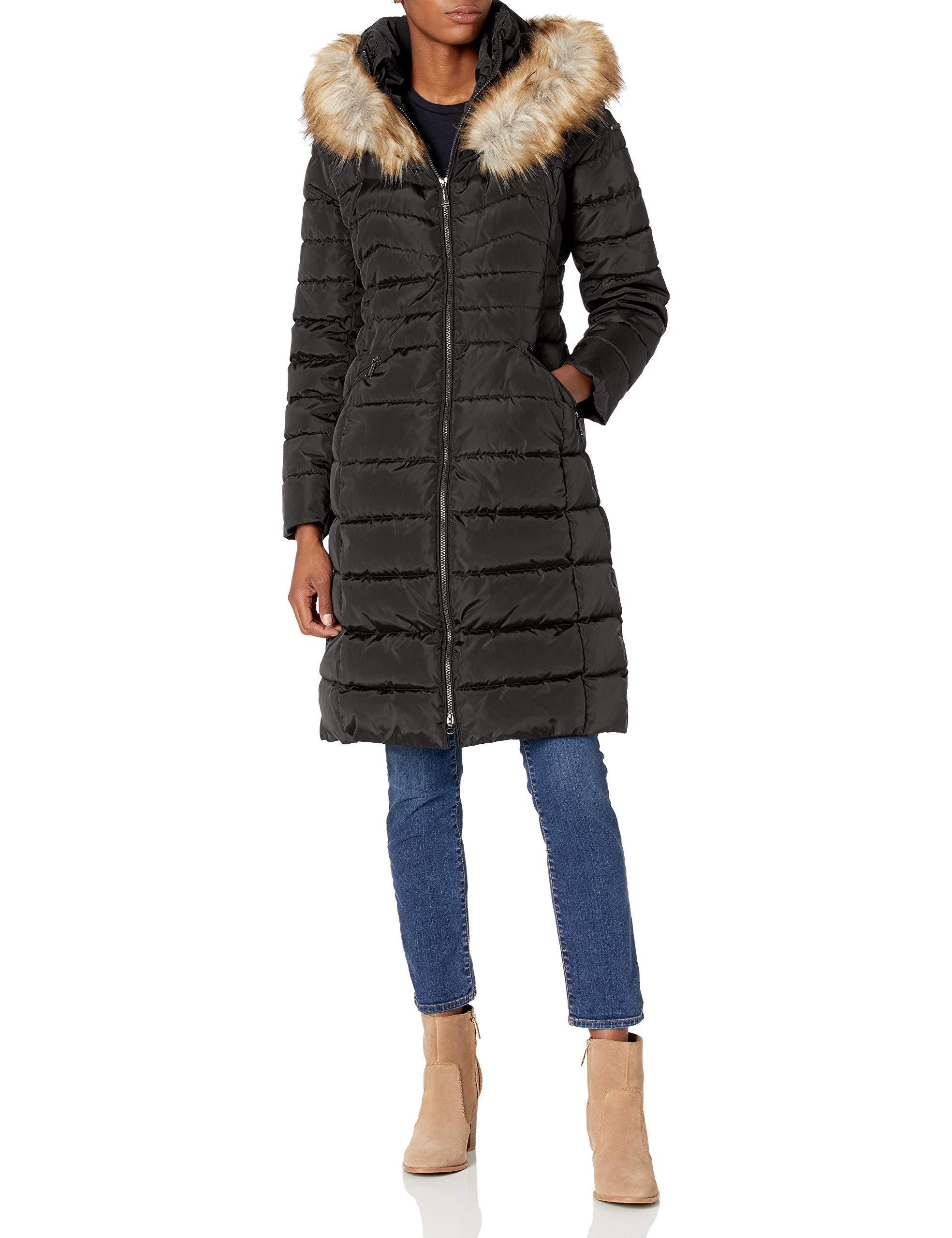 LAUNDRY BY SHELLI SEGAL Women's Winter Maxi Puffer Coat with Faux Fur Trim Hood - Warm Long Down Jacket for Cold Weather, Perfect for Snow Days & Outdoor Activities