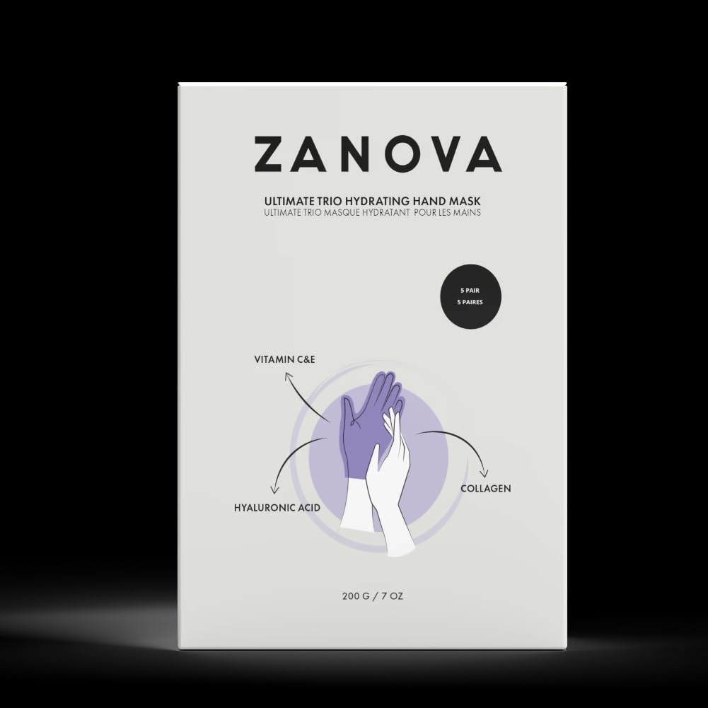 ZANOVA Collagen Hand Mask with Hyaluronic Acid, Vitamin C & E - Repairing Treatment for Dry, Damaged Hands - Soothes Skin Picking & Nail Biting Damage - Ultimate Trio Formula for Sensitive Skin (5 Pairs) - Perfect for Post-Manicure Care & Nighttime Hand Treatment