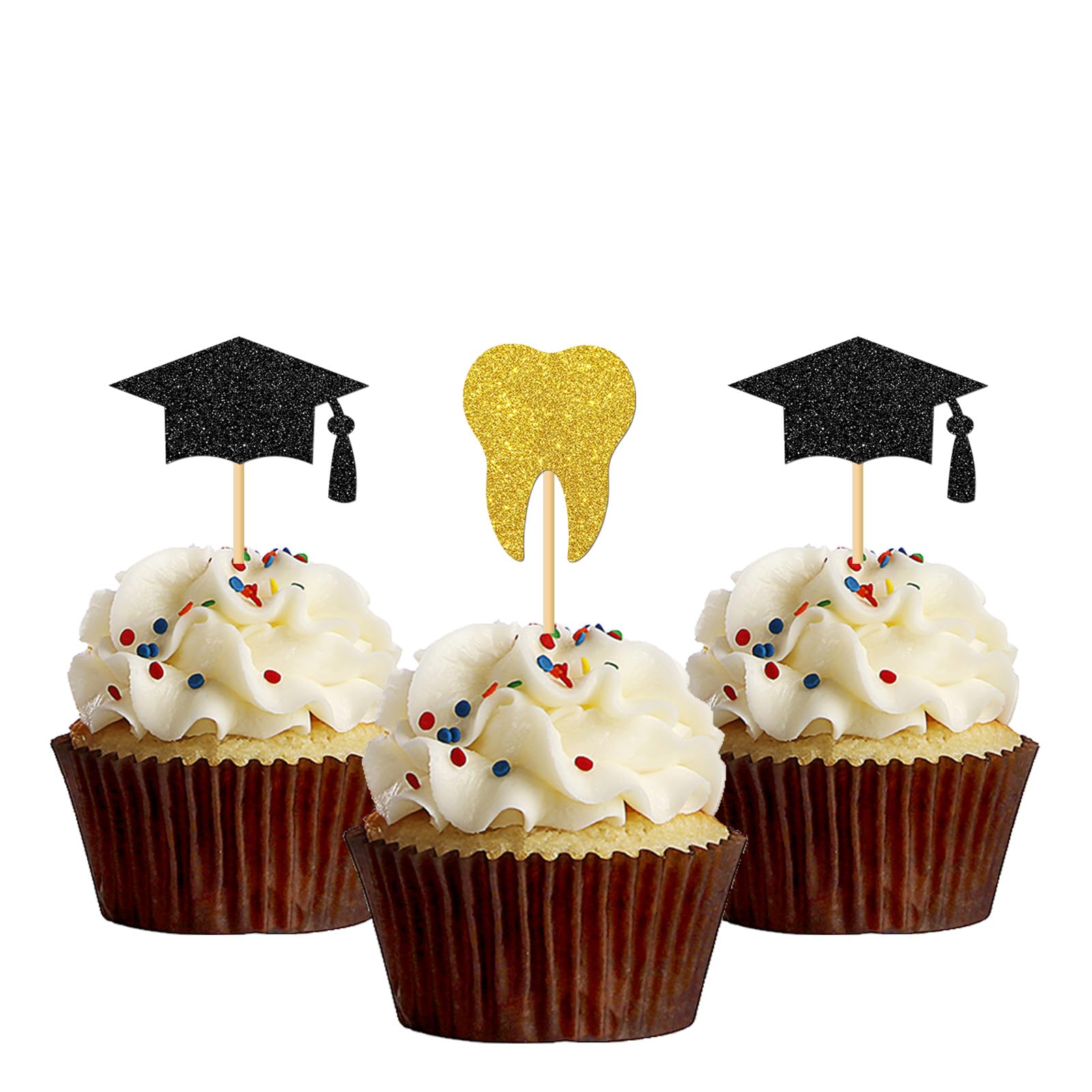 24 Pcs Dentist Graduation Cupcake Toppers - Gold Black Glitter Dental School Decorations for Graduation Party, Doctor Graduation, Dental Hygienist Celebration - Perfect for Cupcakes, Cakes, and Dessert Table Decor