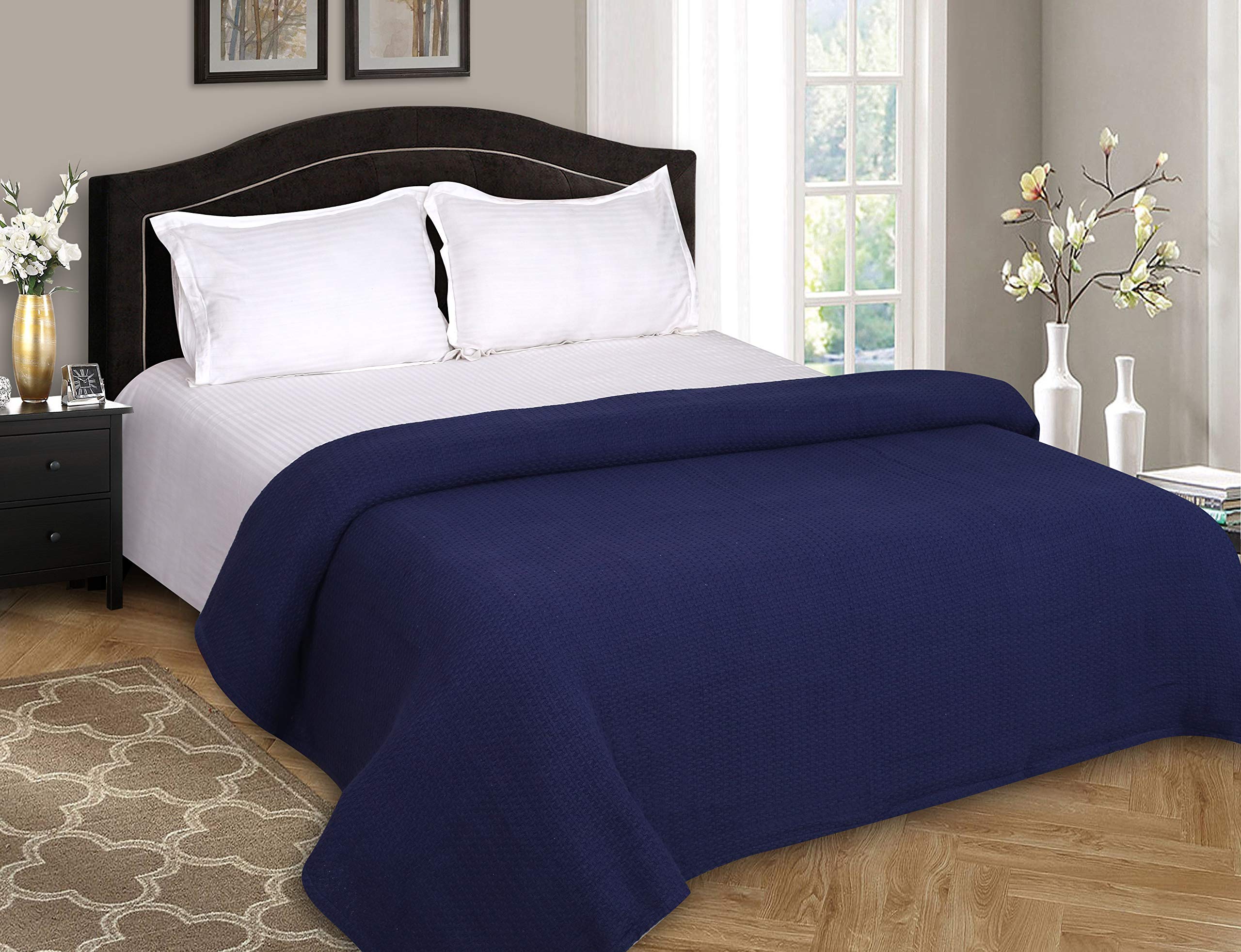Elvana Home 100% Cotton Twin Size Thermal Blanket - Breathable All-Season Bed Blanket for Layering - Navy Blue - Perfect for Bedrooms, Guest Rooms, and Cozy Nights