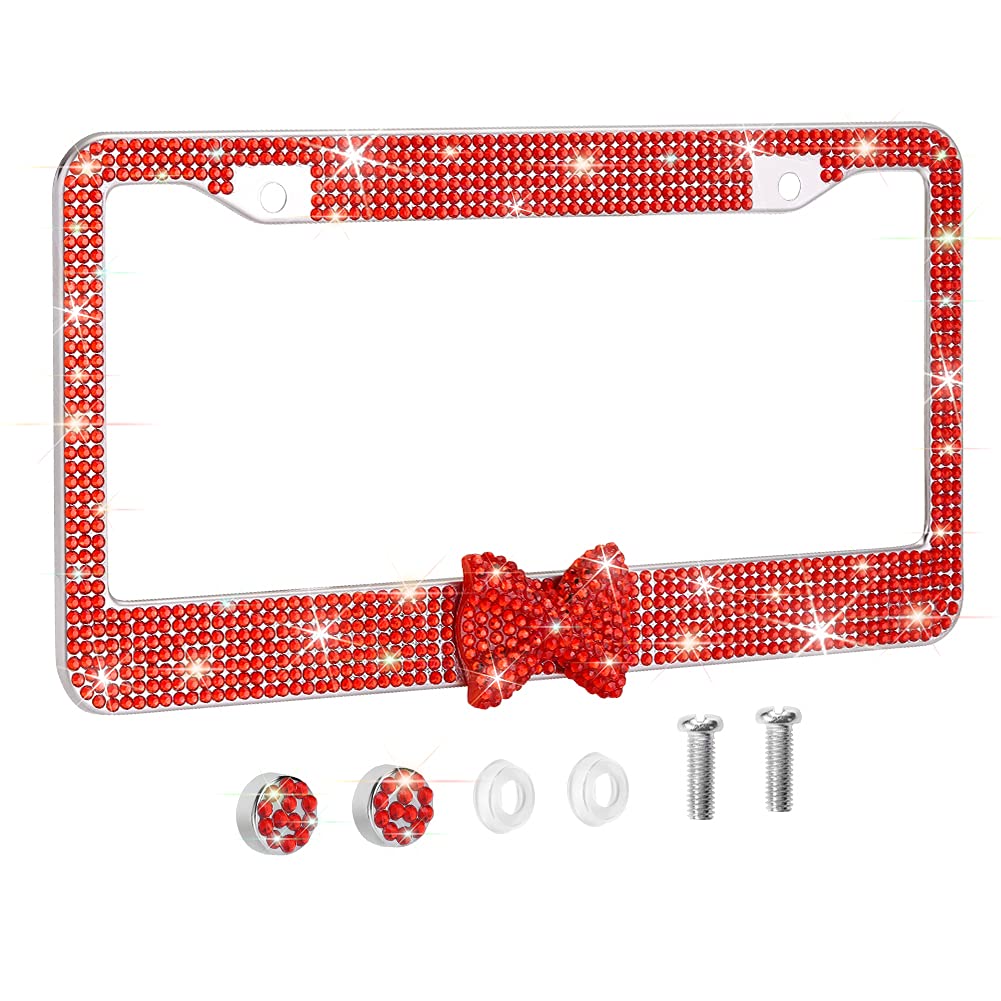 OTOSTAR Bling Rhinestone License Plate Frame with Ribbon Bow - Premium Stainless Steel 2 Hole Holder with Anti-Theft Screws (Red/Red Bowtie) - Perfect for Car Decoration & Gift Giving