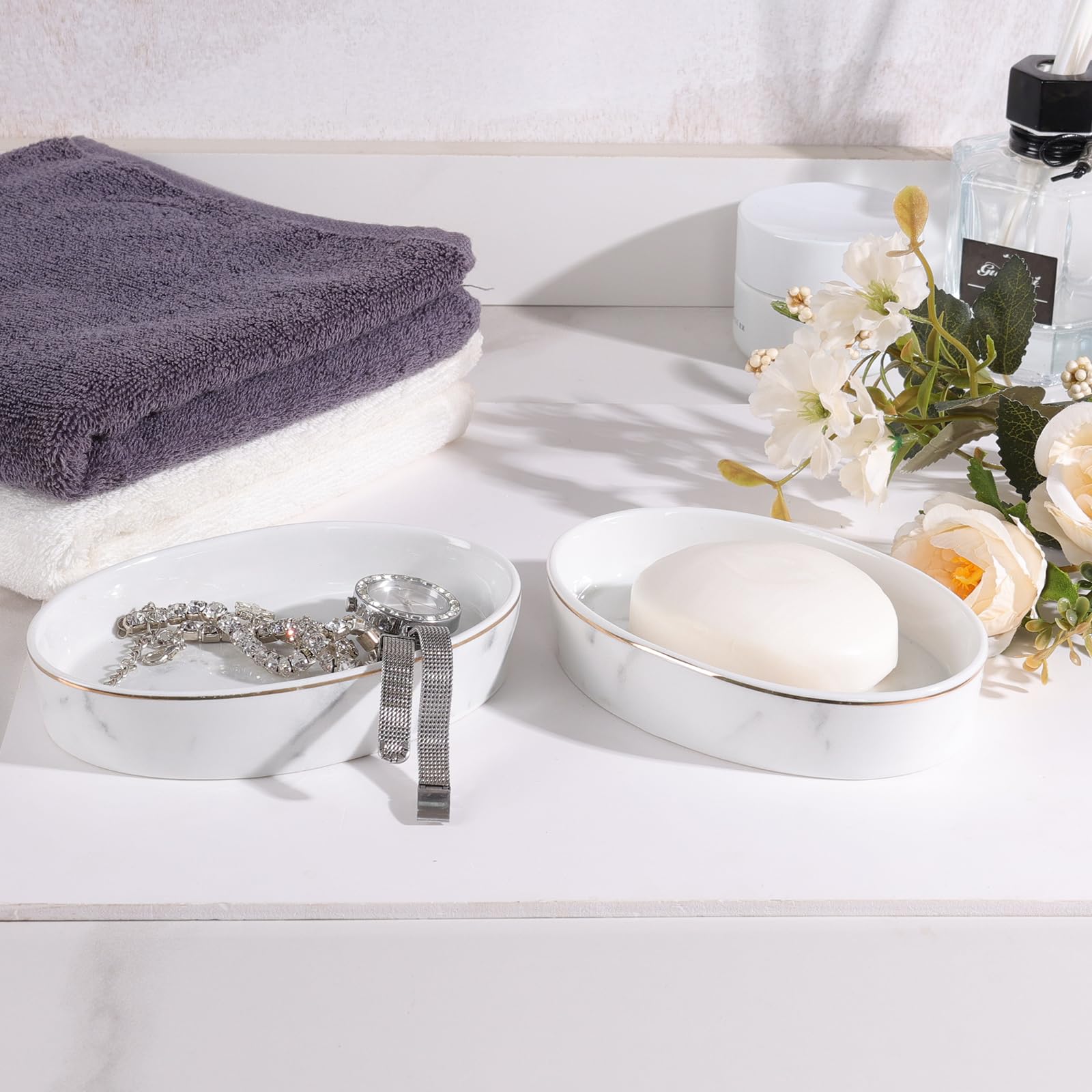 Ceramic White Marble Soap Dish - Oval Soap Holder for Shower, Bathroom & Kitchen Sink | Easy to Clean & Durable | Perfect for Bath Essentials Organization by ANTIS'S HOME