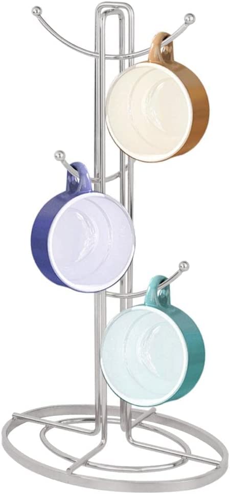 Premium Stainless Steel Cup Mug Tree Stand & Paper Towel Holder Set of 6 - Space-Saving Kitchen Storage Rack for Coffee & Tea Cups - Ideal for Small Kitchens, Office Break Rooms & Dorm Organization (Silver)