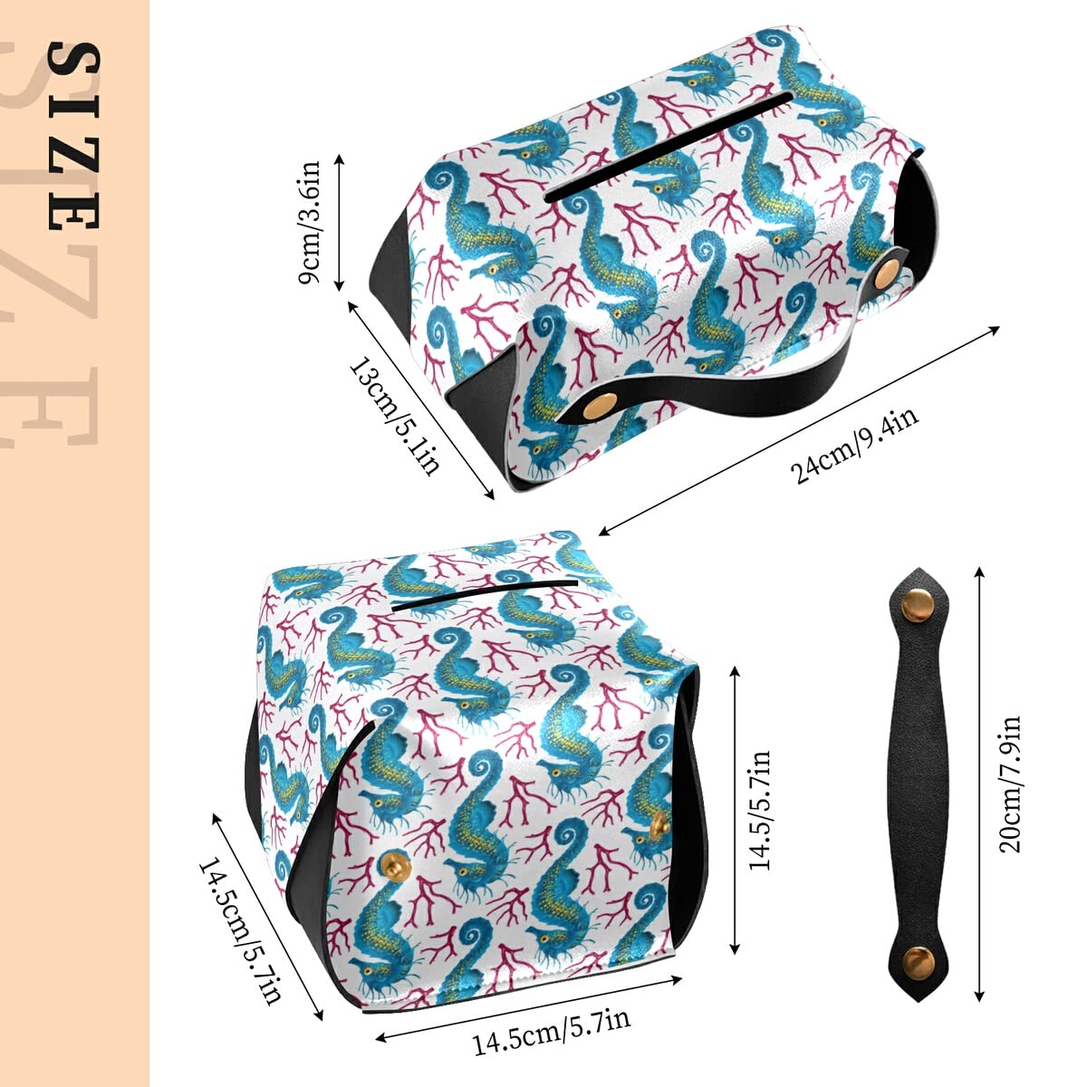 Seahorse Pink Coral PU Leather Tissue Box Cover - Rectangle Facial Tissue Holder with Hanging Loop for Bathroom, Bedroom Nightstand & Office Desk Decor