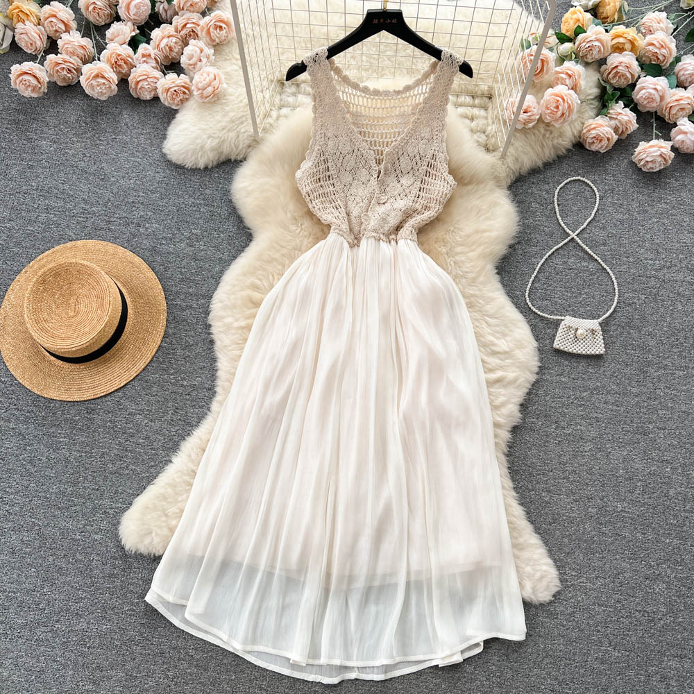 Women's Knitted Vest Dress - Summer V Neck Hollow Mesh Skirt with Belt | Casual Boho Chic Outfit for Beach, Vacation & Date Night