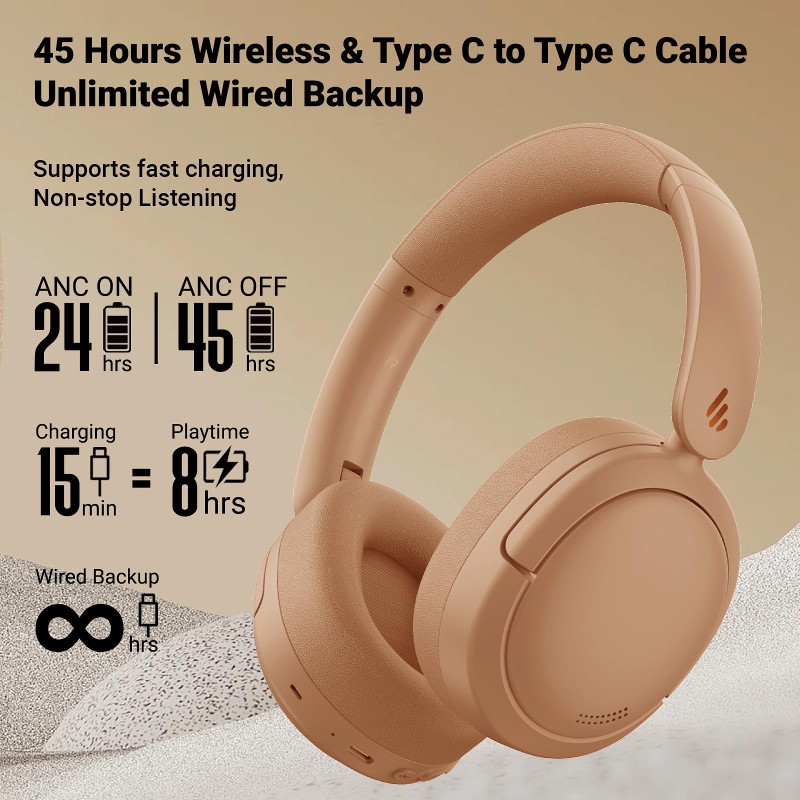 Edifier V80 Hybrid Active Noise Cancelling Wireless Headphones - True Wireless Over Ear Bluetooth Headset with 45H Playtime, Hi-Res Audio, Fast Charging & Multipoint Connection - Perfect for Travel, Home & Office (Brown)