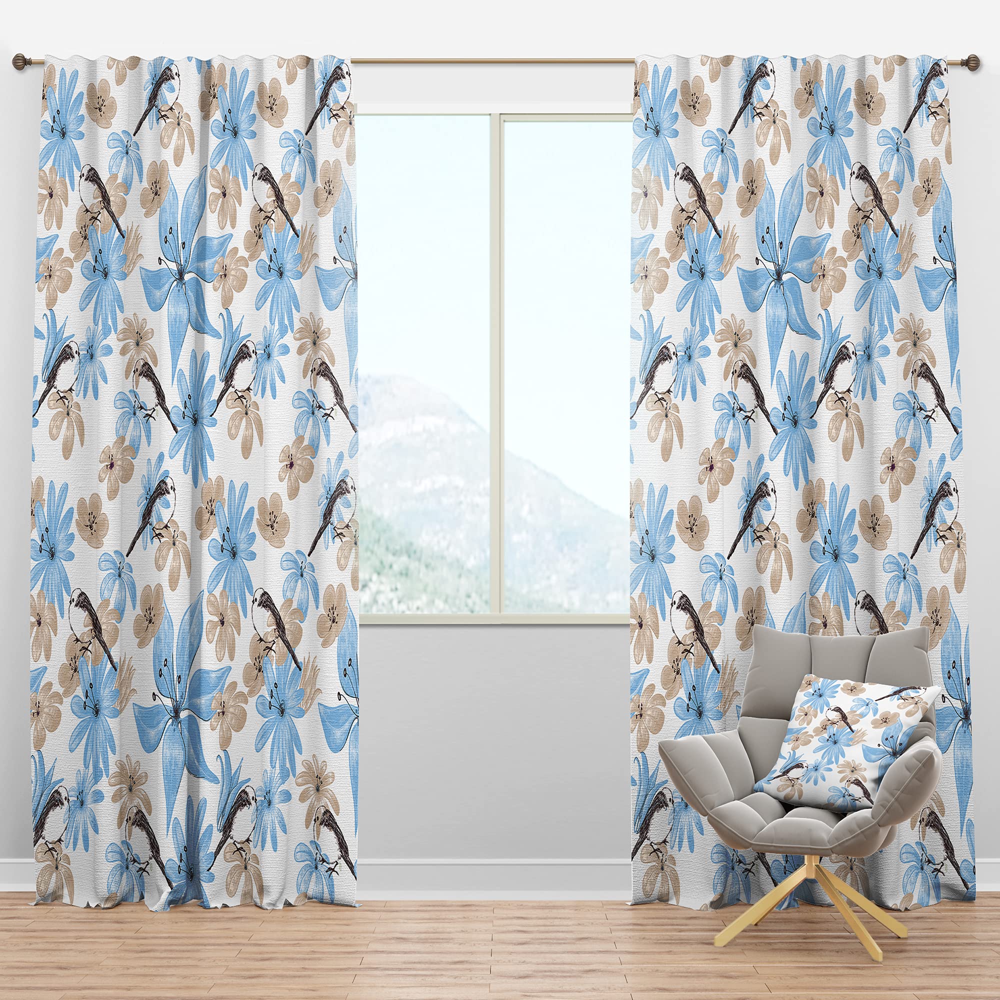 DesignQ Blackout Curtains - Thermal Insulated Single Panel 52x95 Inch - Blue Floral Bird Pattern for Bedroom & Living Room - Noise Reducing & Energy Saving Window Treatment for Better Sleep & Privacy