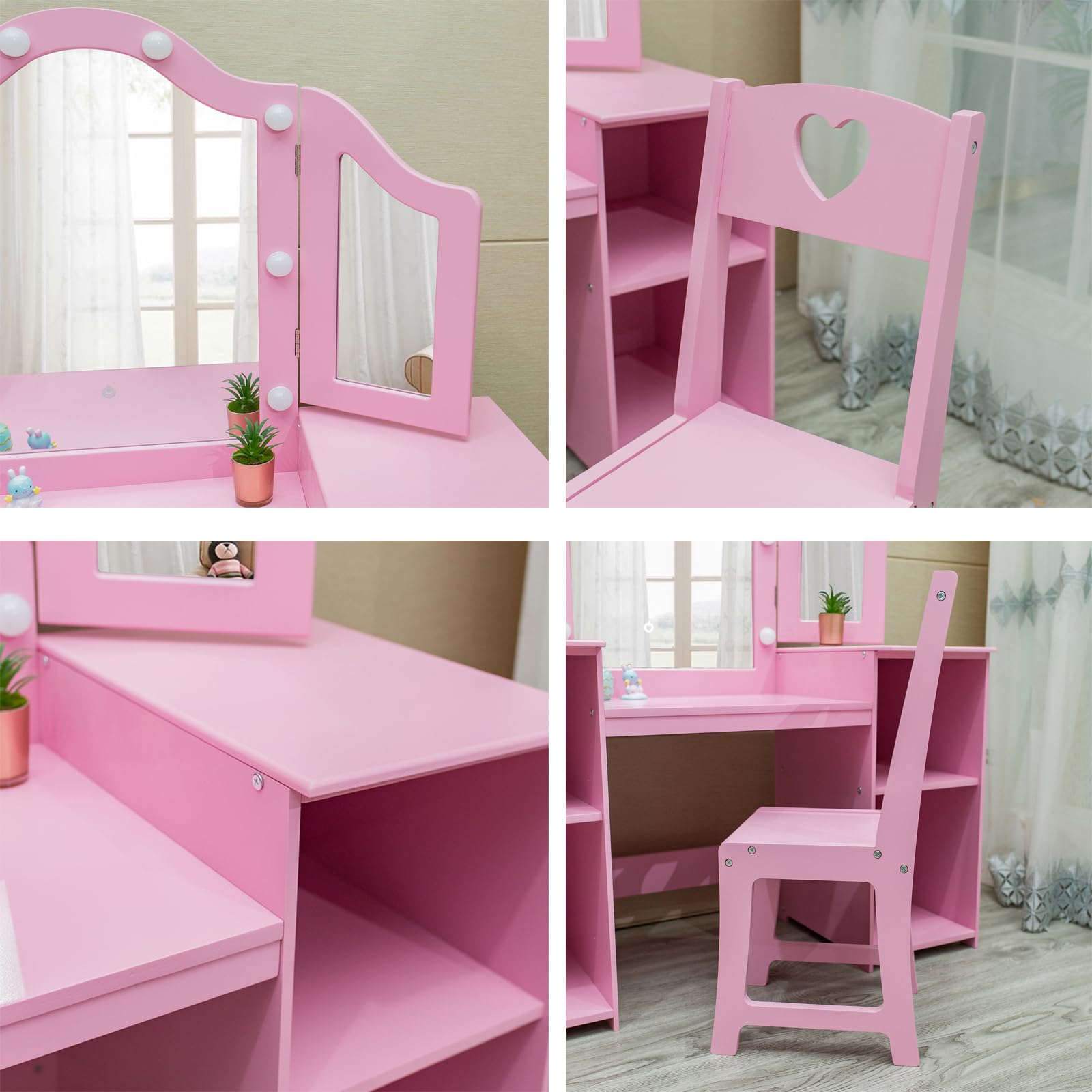 Princess Makeup Vanity Table Set for Girls - Wooden Dressing Table with Touch Light, Detachable Tri-Folding Mirror & Open Storage Shelves - Pretend Play Kids Vanity Desk & Chair for Toddlers - Perfect for Bedroom Decor, Birthday Gifts & Role Play Activities