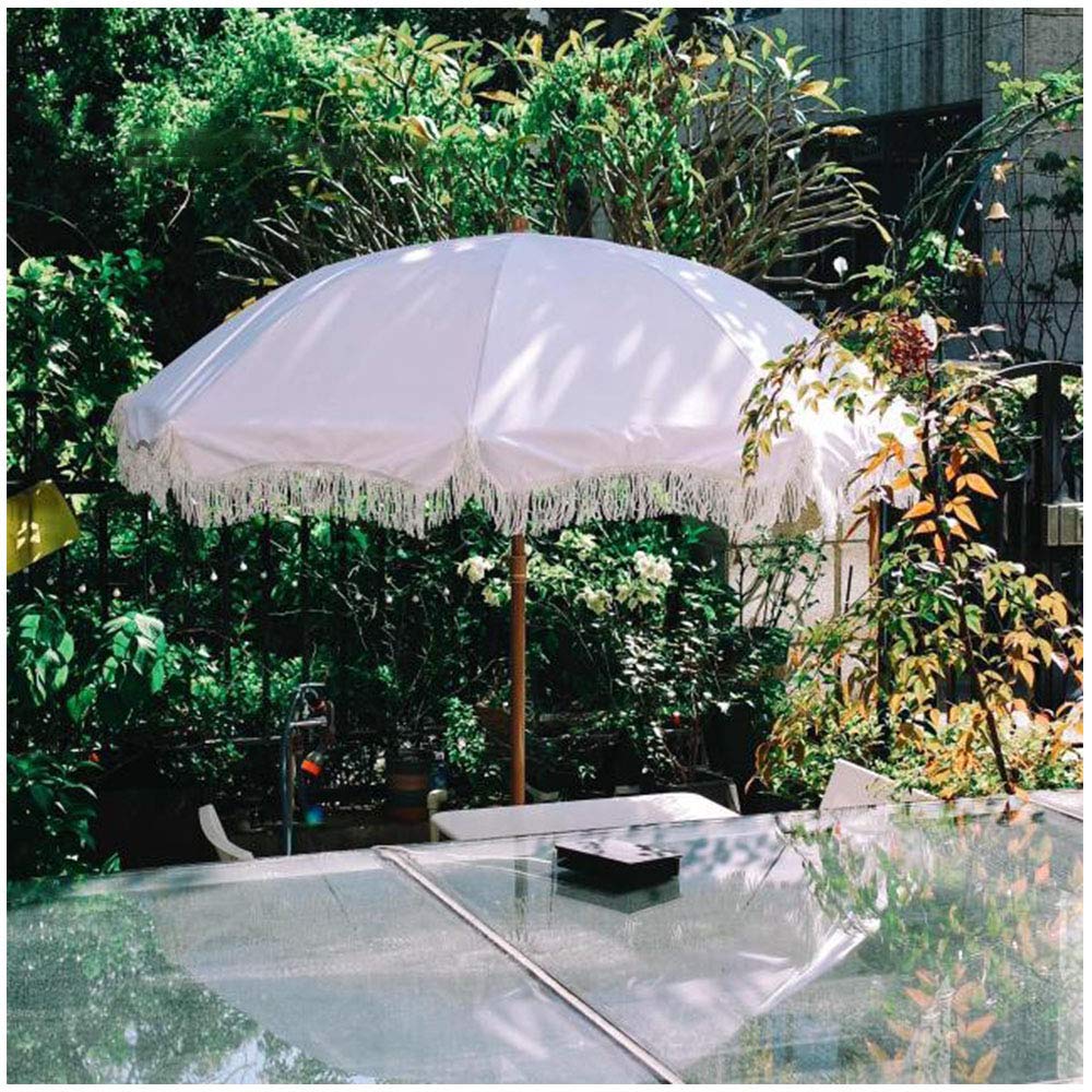 Y&J 1.8m (71in) Outdoor Tilt Beach Parasol with UV Protection - White Tassel Design Patio Umbrella for Garden, Poolside & Dining Table (2.45m Height, Base Not Included) | Perfect for Backyard, Picnics & Coastal Resorts