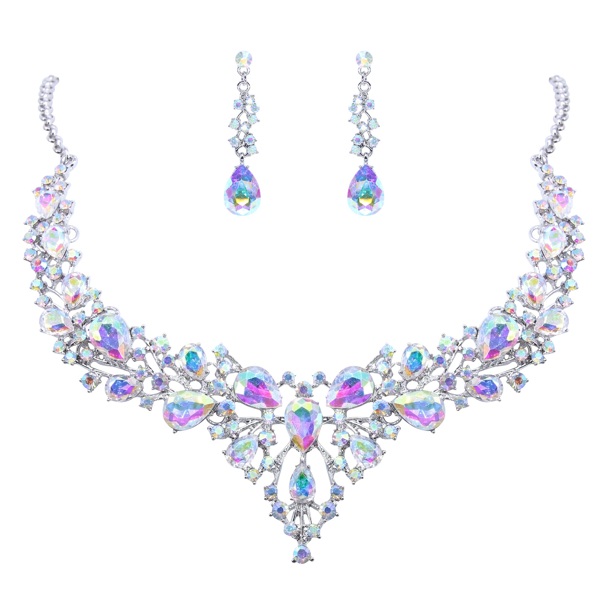 BiBeary Women's Wedding Jewelry Set - Elegant Bridal Statement Necklace & Dangle Earrings with Teardrop Cluster Crystals | Perfect for Brides, Bridesmaids, and Formal Occasions